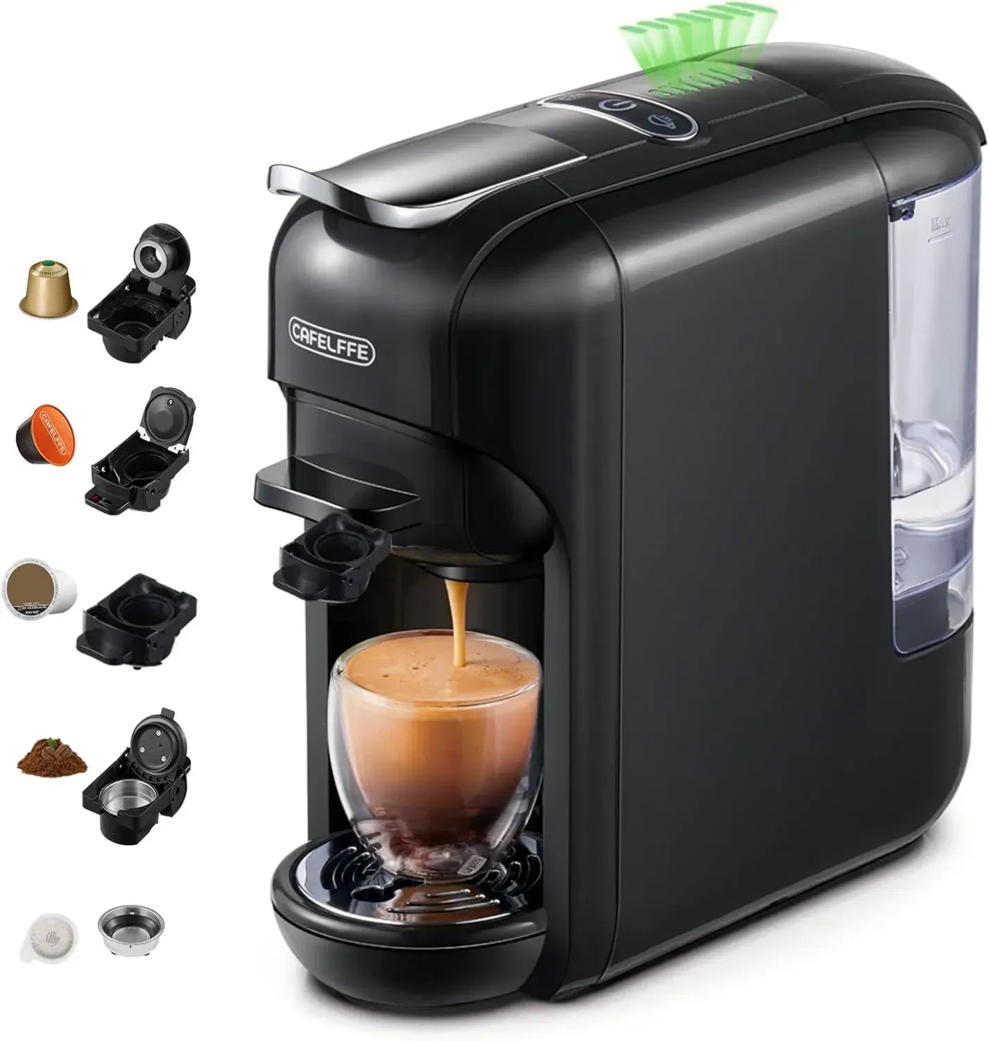 Cafelffe MK-606 Mehrzweck-Kaffeemaschine, 19 Bar Druck, kompatibel mit Kapseln und gemahlenem Kaffee, 7 Wasserstufen, für Zuhause und Büro, Schwarz