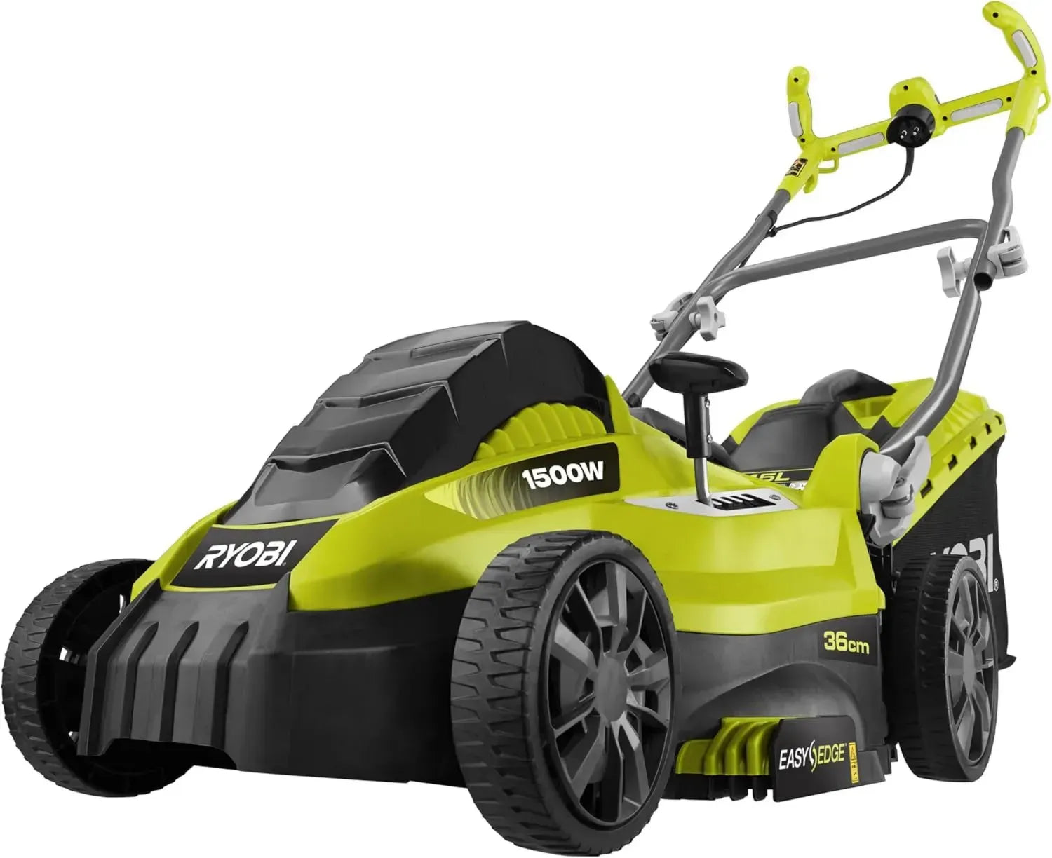 RYOBI Elektrorasenmäher 1500W, 36cm Schnitt, zentrale Höhenverstellung, Fangkorb & Mulchfunktion