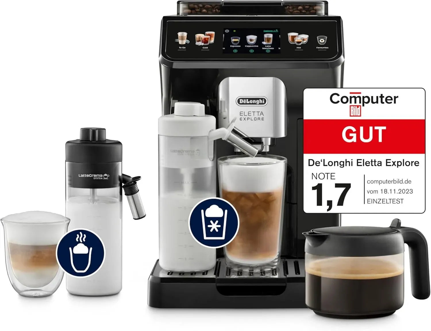 De'Longhi Eletta Explore Kaffeevollautomat mit LatteCrema-System, 40 Getränke, Touchscreen, Dunkelgrau