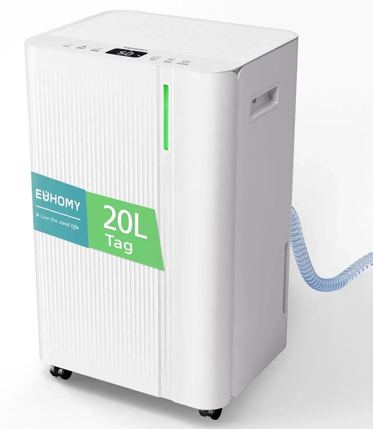 EUHOMY 20L Entfeuchter mit Ablaufschlauch, Energiesparend & Leise, Automatisches Abtauen, Timer, Für Keller & 50m² Wohnungen