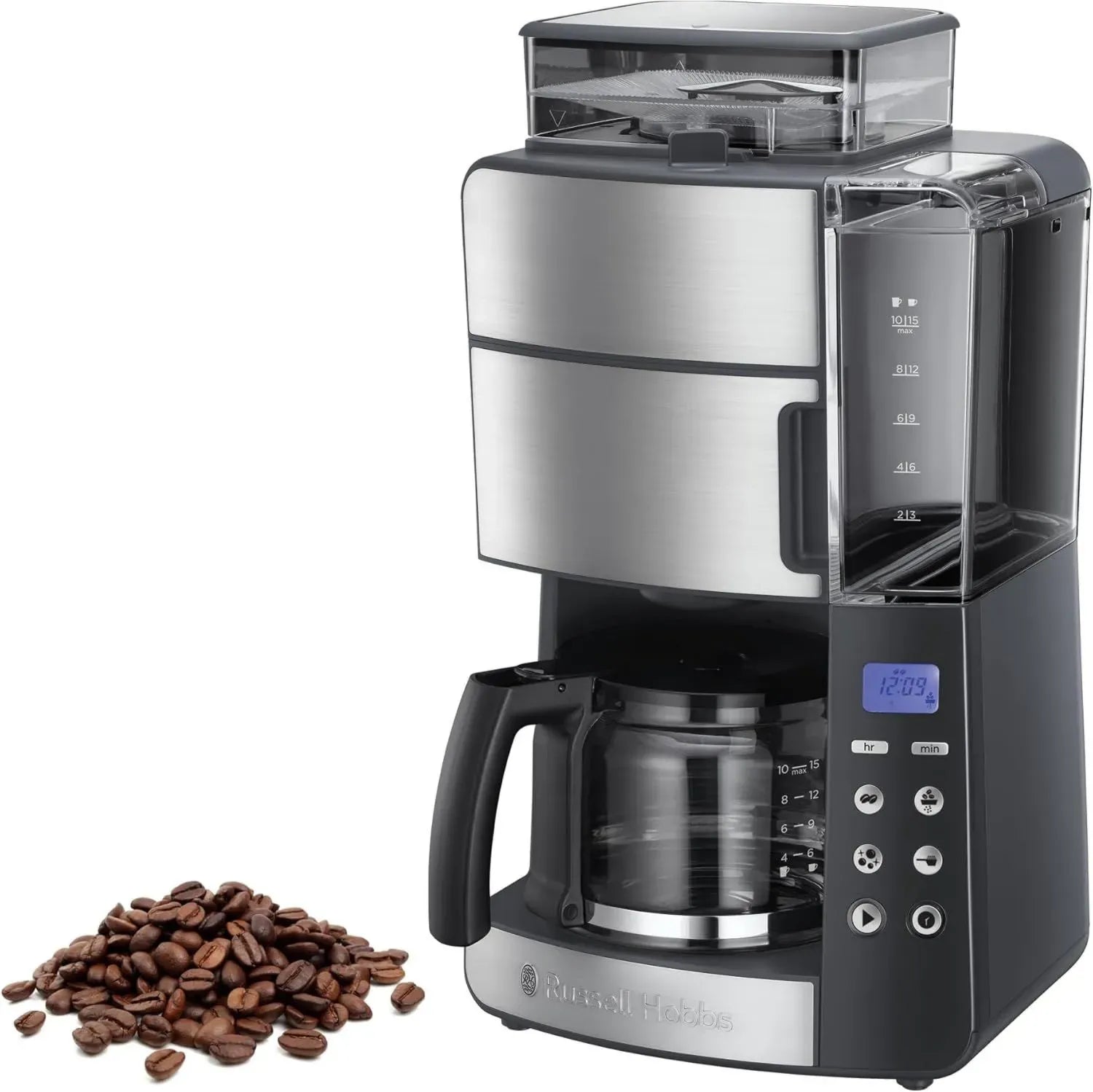 Russell Hobbs Kaffeemaschine Grind&Brew mit integriertem Mahlwerk und Timer, 10 Tassen Kapazität, einstellbare Mahlgrade