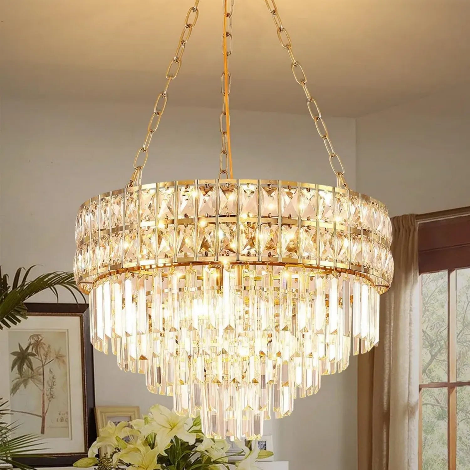 Luxus Goldene Kristall Kronleuchter Pendelleuchte für Wohnzimmer und Esszimmer, E14, Ø55 cm