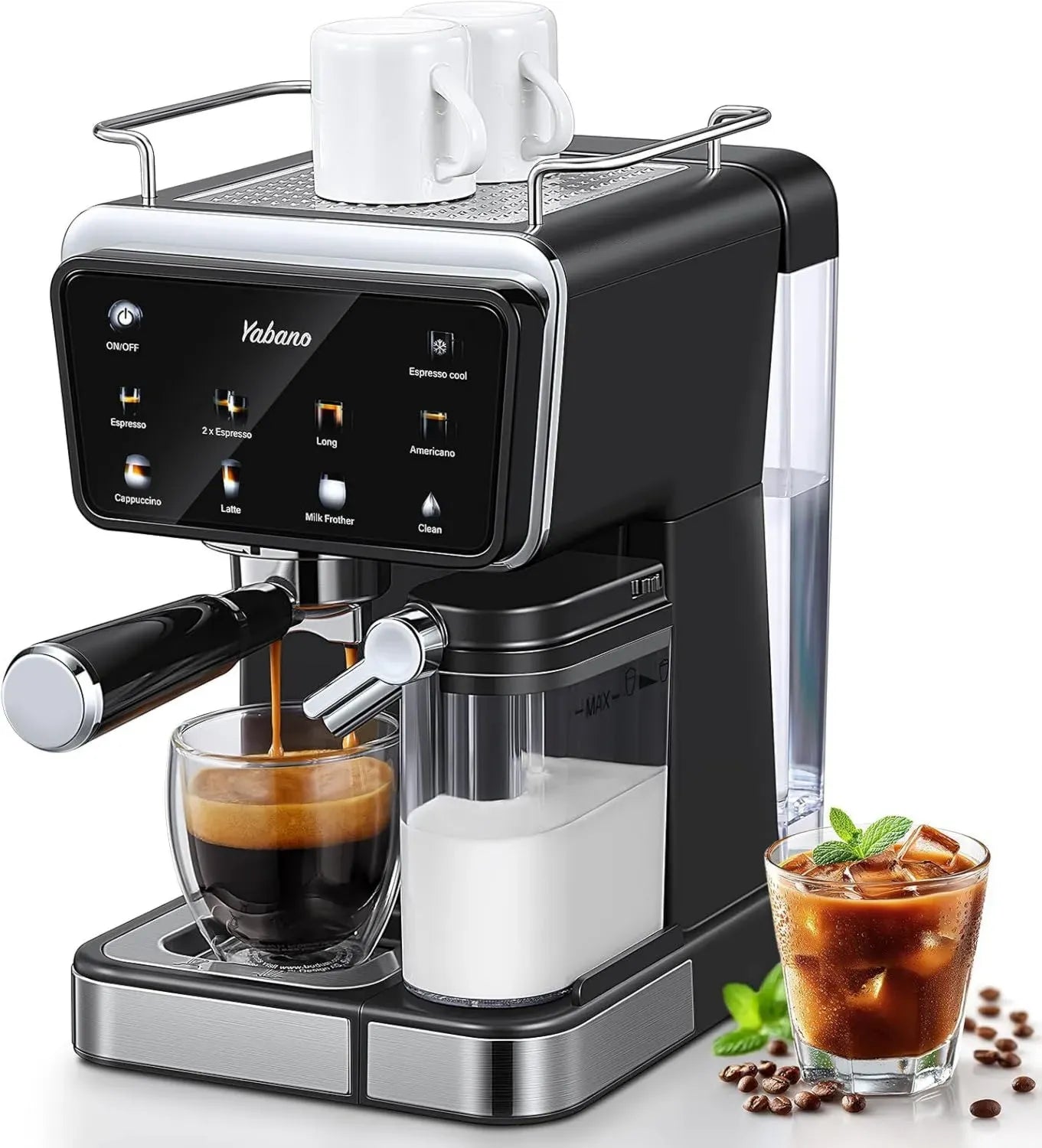 Yabano 20 Bar Espressomaschine mit Milchaufschäumer, Touchscreen, 1,5L Wassertank, 6 Getränkeauswahl, 1350W