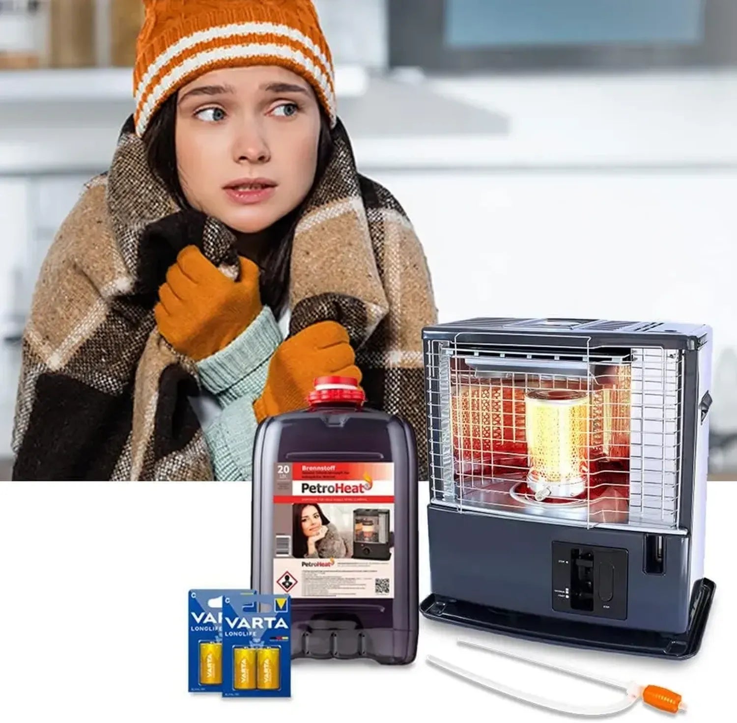Petroleumofen 3000W Set: Zeltheizung & Terrassenheizer inkl. 20L Kanister, Batterien & Handpumpe