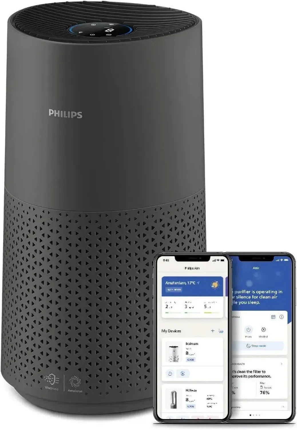 Philips 1000i Luftreiniger, effizient gegen Keime und Allergene, für Räume bis 78 m², leiser Schlafmodus, Grau/Schwarz