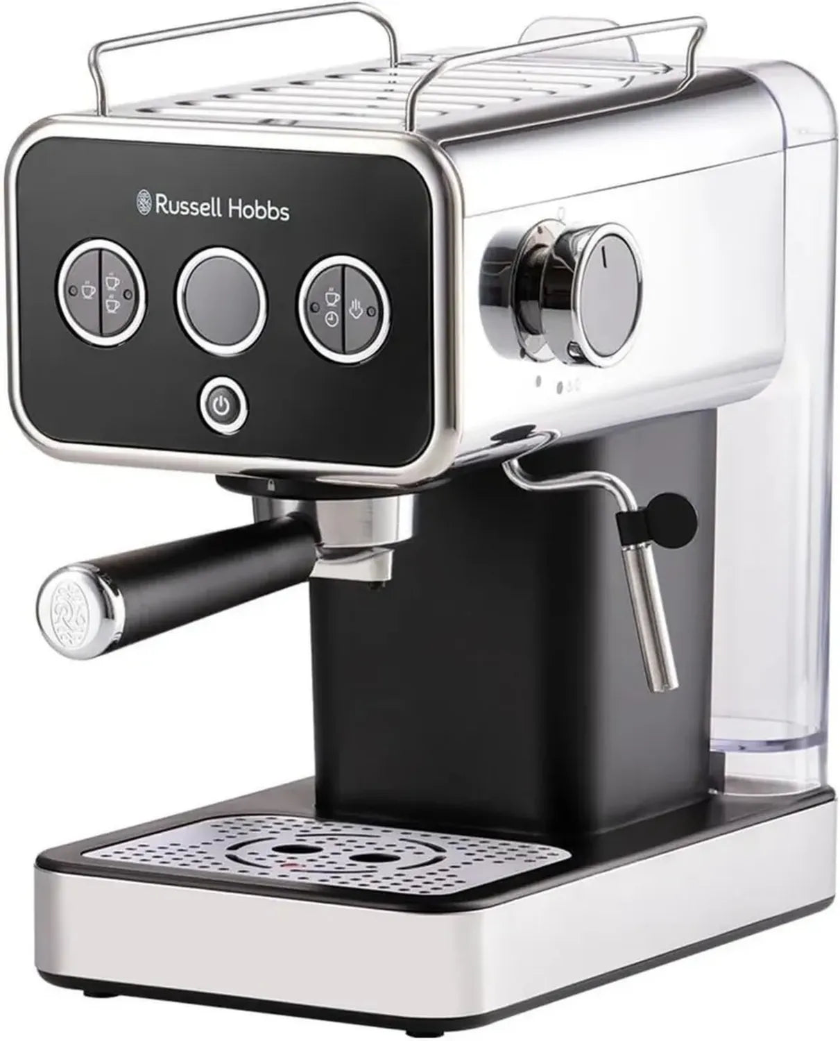 Russell Hobbs Espressomaschine aus Edelstahl Schwarz, 15 Bar Druck, Siebträger, ESE-Pads, automatische Dosierung, manuelle Option, Dampfdüse für Heißwasser und Milchschaum