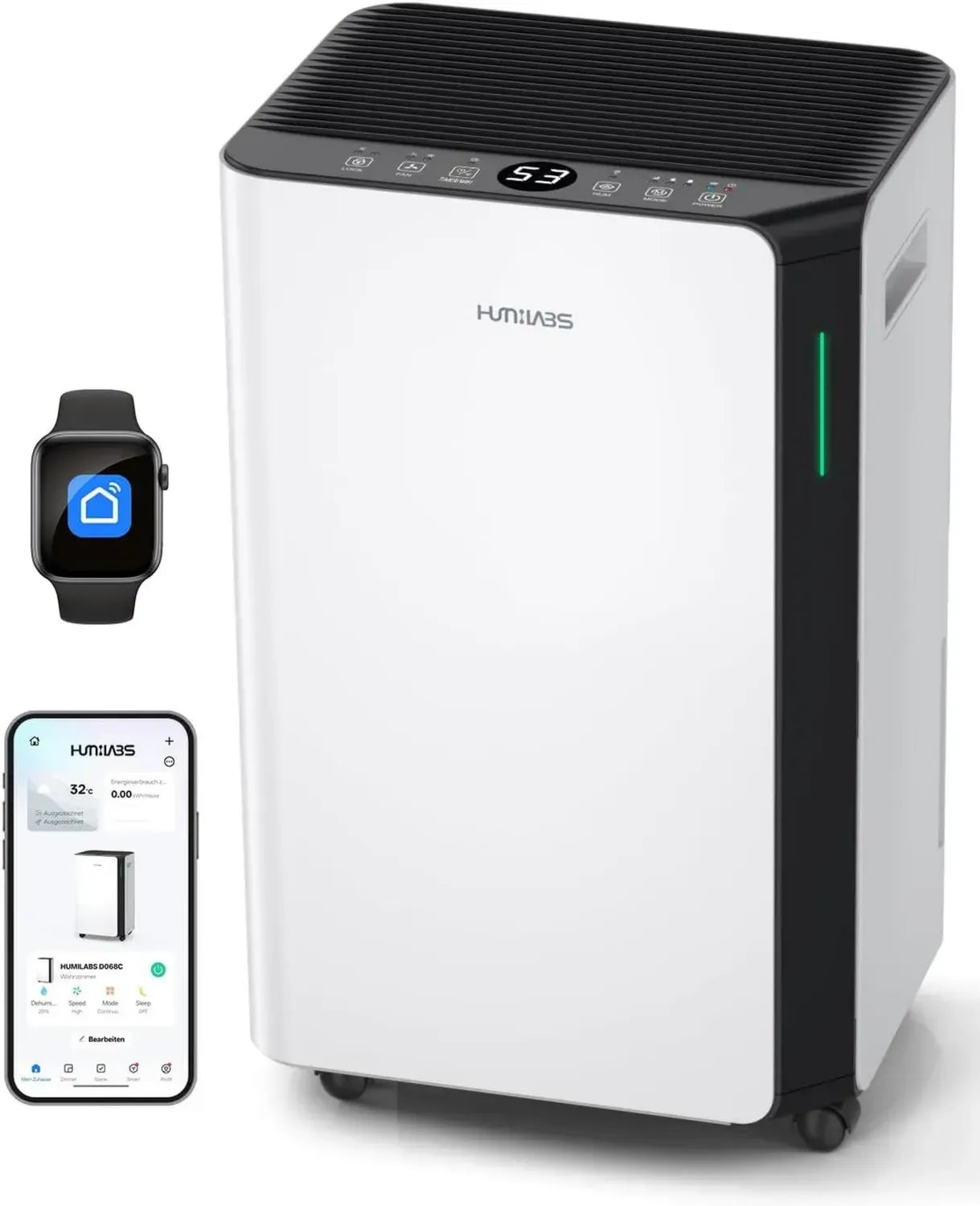 HUMILABS Elektrischer Luftentfeuchter 20L, App-Steuerung, WLAN, für 60m² Räume, inkl. Ablaufschlauch, 4,5L Tank, 3 Modi, 24h Timer
