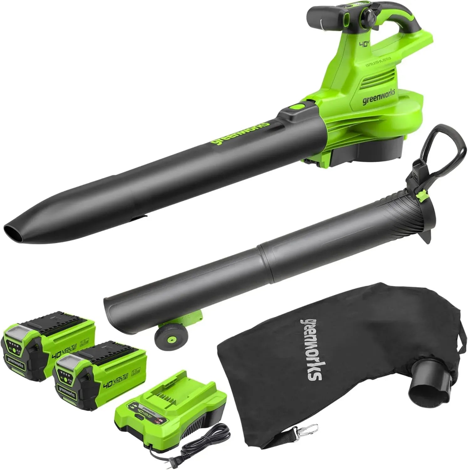Greenworks 40V Akku-Laubsauger mit bürstenlosem Motor, 370 km/h, 45L Fangsack, inklusive 2x 2Ah Akkus und Ladegerät, 3 Jahre Garantie
