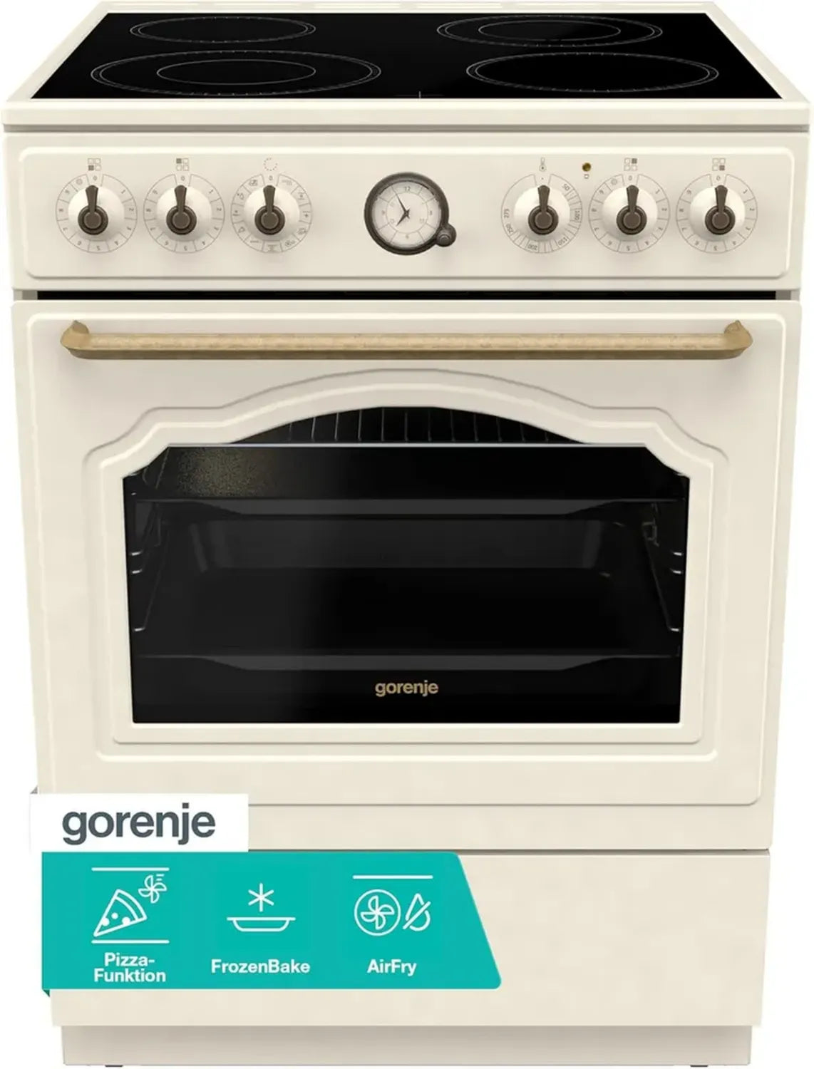 Gorenje Classico Elektroherd 60cm, Retro Design, 71L Volumen, Glaskeramikfeld, sanftes Schließen, Schnellaufheizung, AirFry, ExtraSteam, Pizzamodus, AquaClean, Champagnerfarbe
