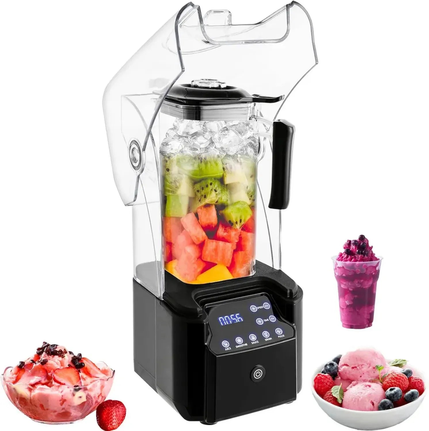 Leistungsstarker 2200W Standmixer mit Schallschutz, 2.2L Kapazität, 9 Geschwindigkeiten, einstellbarer Timer, ideal für Saft und Shakes