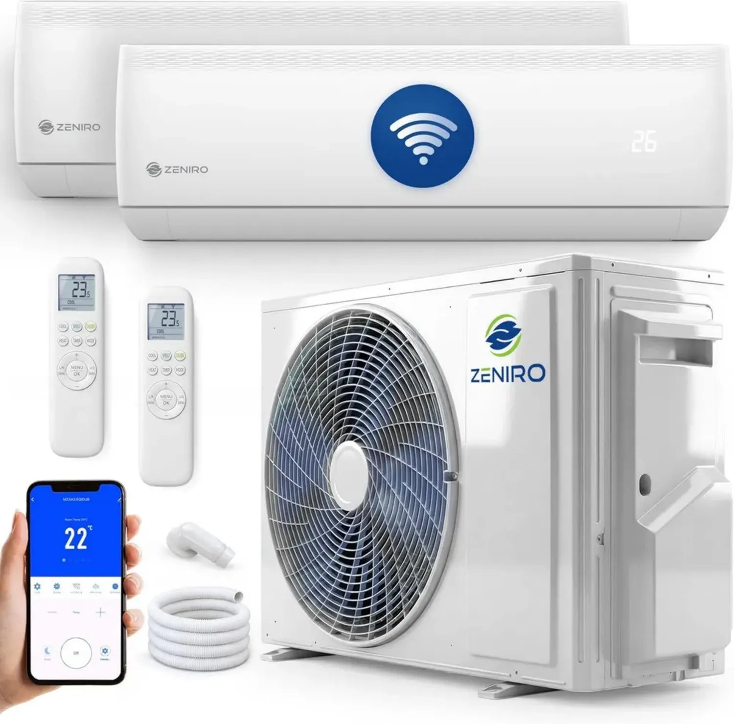 Effizientes Multisplit-Klimasystem mit 2 Inneneinheiten, 3,5 kW und 5,3 kW, WiFi-gesteuert, 27000 BTU, Heizen bis -20°C, vorgefüllt R32