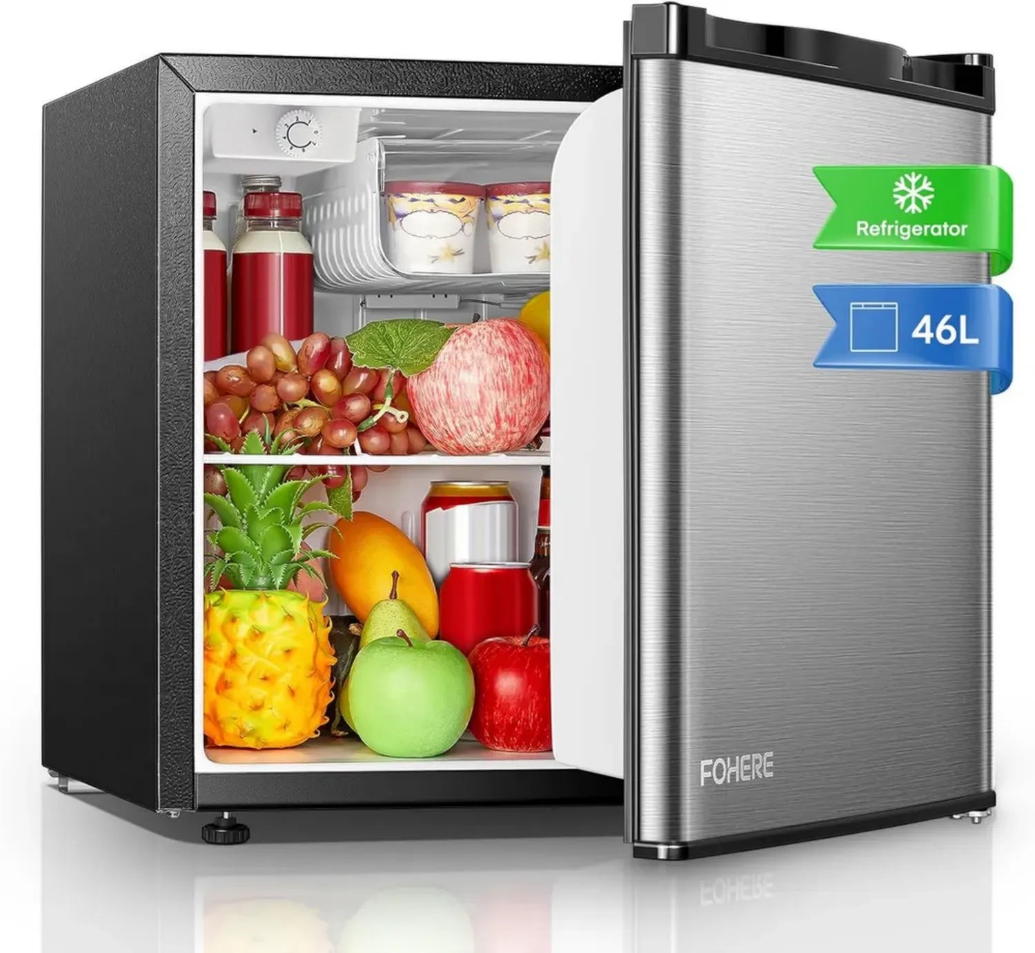 Kompakter Mini Kühlschrank 46L mit 7-Stufen Thermostat, reversibler Tür und geräuscharmem Betrieb – Energieeffizient für Zuhause und Büro