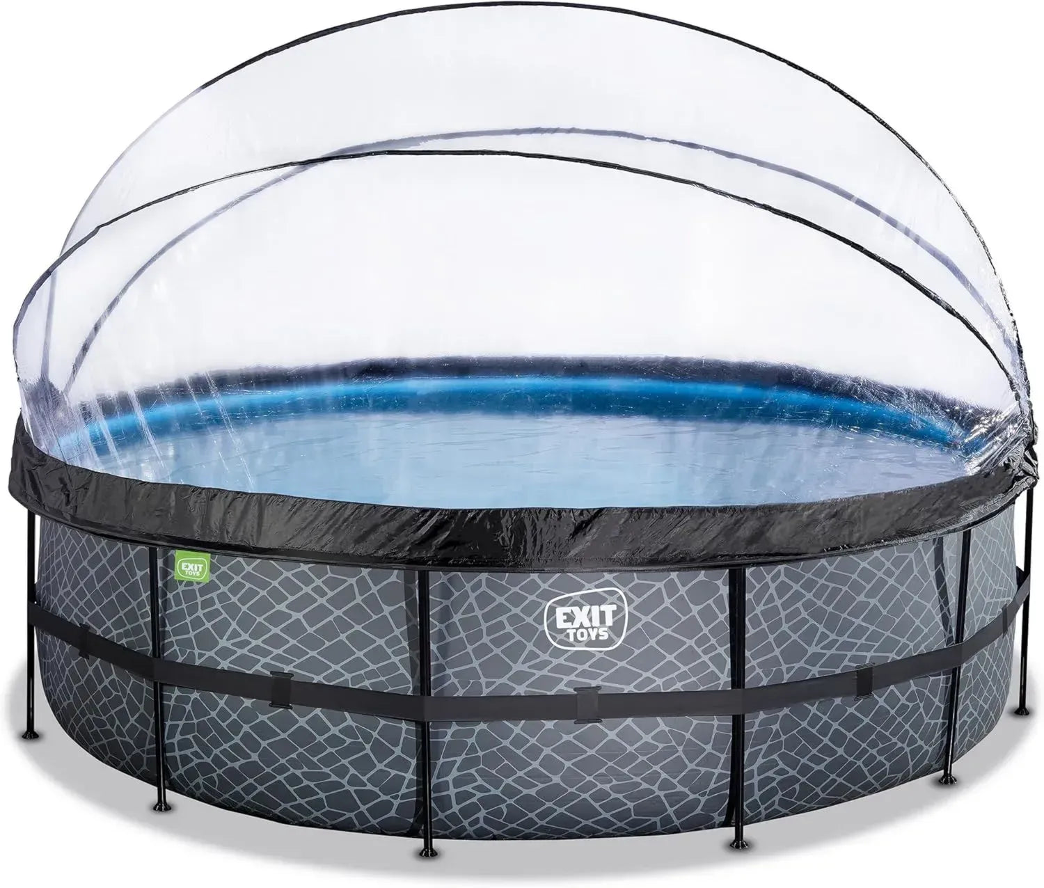 EXIT Toys Steinmuster Pool mit Multifunktionsabdeckung - Ø488x122cm - Großer Rundrahmenpool mit Sandfilterpumpe und Leiter - Extra tief für klares und warmes Wasser - Grau