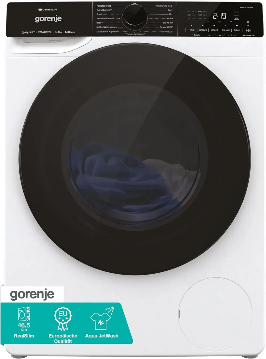 Gorenje 8 kg Waschmaschine mit Dampffunktion und WiFi-Konnektivität, Inverter PowerDrive, Edelstahl, Slim Line, Kindersicherung, EEK A