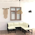 7-teiliges Poly-Rattan Gartenmöbel-Set mit cremeweißen Kissen, Eck- und Mittelteilen, Outdoor Lounge-Sofa Garnitur in Schwarz