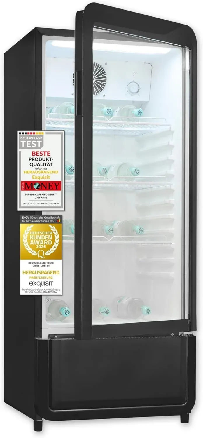 Exquisit Getränkekühler, 200L, Glastür, LED-Beleuchtung, Umluft, 3 einstellbare Ebenen, Modell GKS5180-GT-431D, schwarz