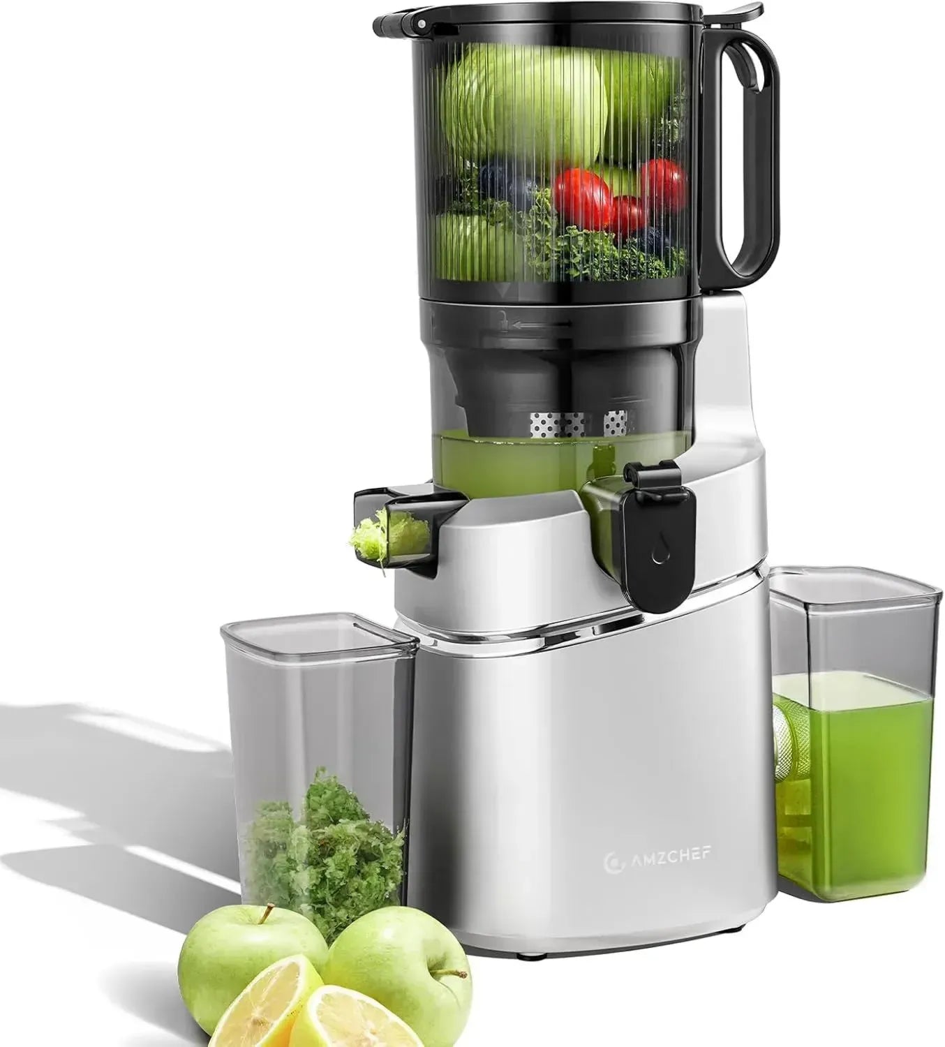 AMZCHEF Entsafter 250W, 145MM Öffnung, 2L Kapazität, Slow Juicer für Obst & Gemüse, Testsieger mit Dreifachfilter - Silber