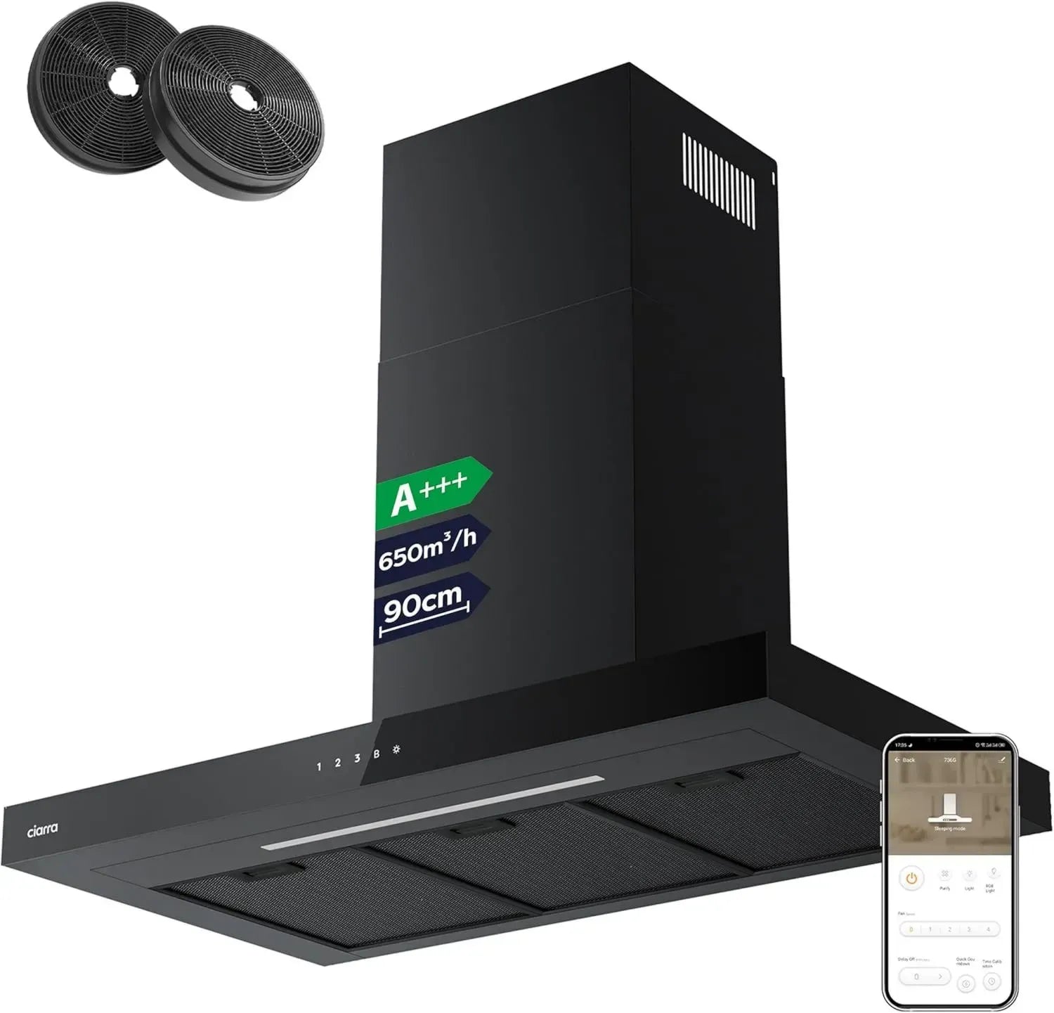 CIARRA 90cm Dunstabzugshaube Schwarz, App-gesteuert, Touch-Bedienung, 650m³/h, 3 Stufen, Wandmontage, inkl. Aktivkohlefilter