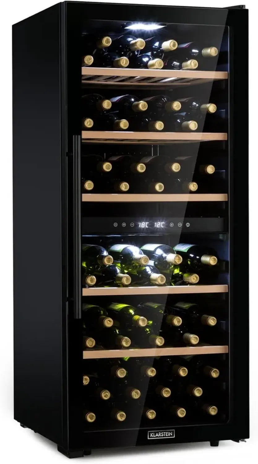 Klarstein Zwei-Zonen Weinkühlschrank, Schmaler Getränkekühlschrank mit Glastür, Freistehend, UV-Schutz, 5-18°C, Für 102 Flaschen