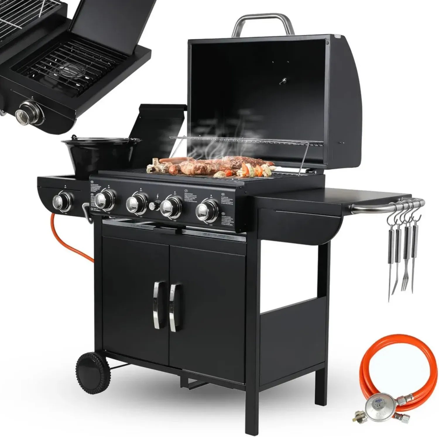 Premium Gasgrillwagen mit 4+1 Brennern und Seitenkochfeld, Thermometer, Impulszündung, große Grillfläche, mobile BBQ-Küche