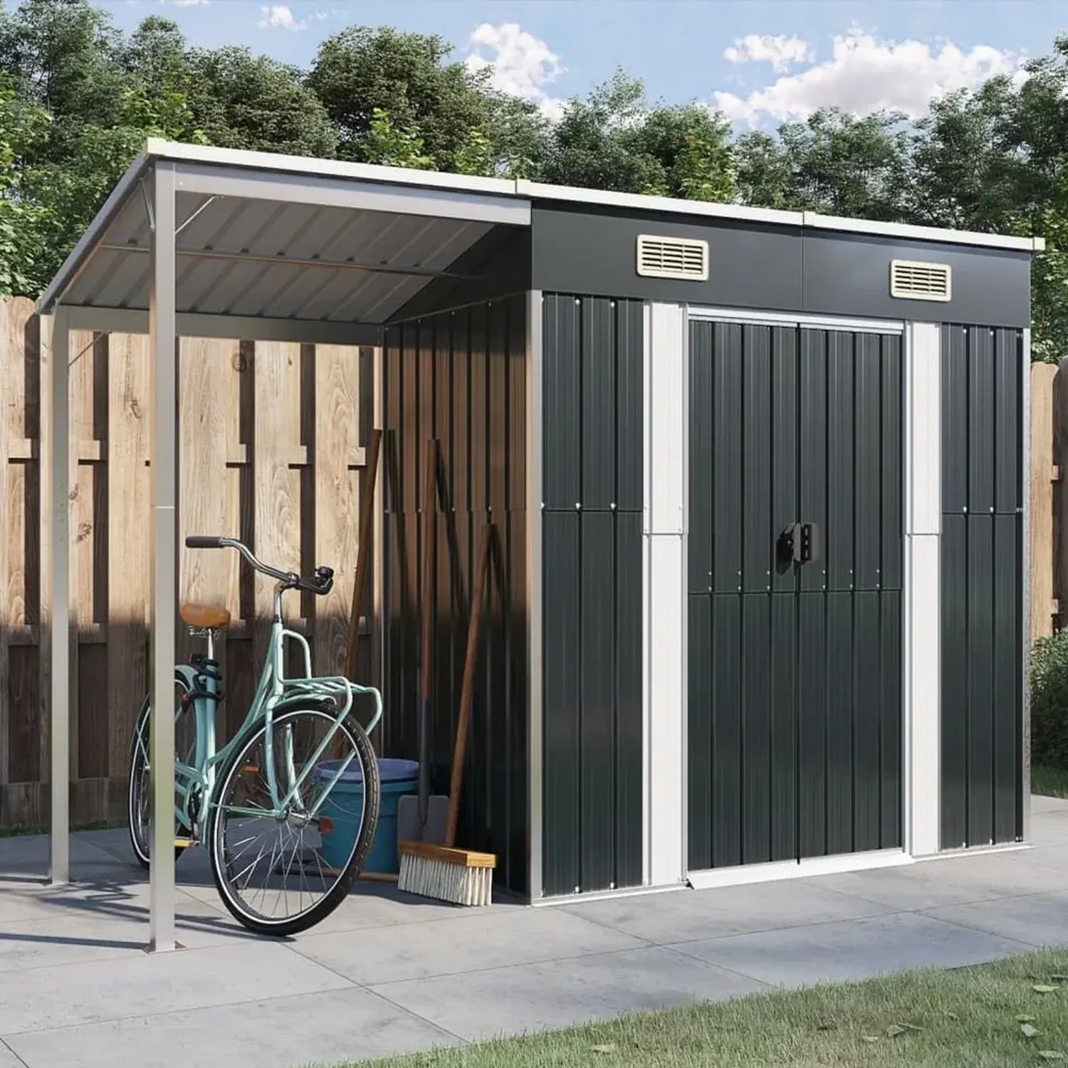 Modernes Metall-Gartenhaus mit Anbaudach, 277x111x181 cm, Anthrazit