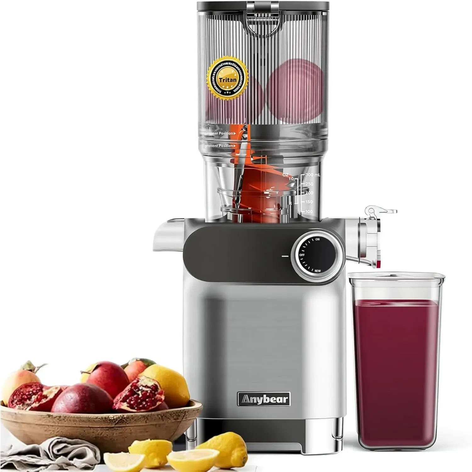 Anybear Slow Juicer, 200W Kaltpress Entsafter mit großem Einfüllschacht, BPA-frei, inkl. Saftrezepte, Silberweiß