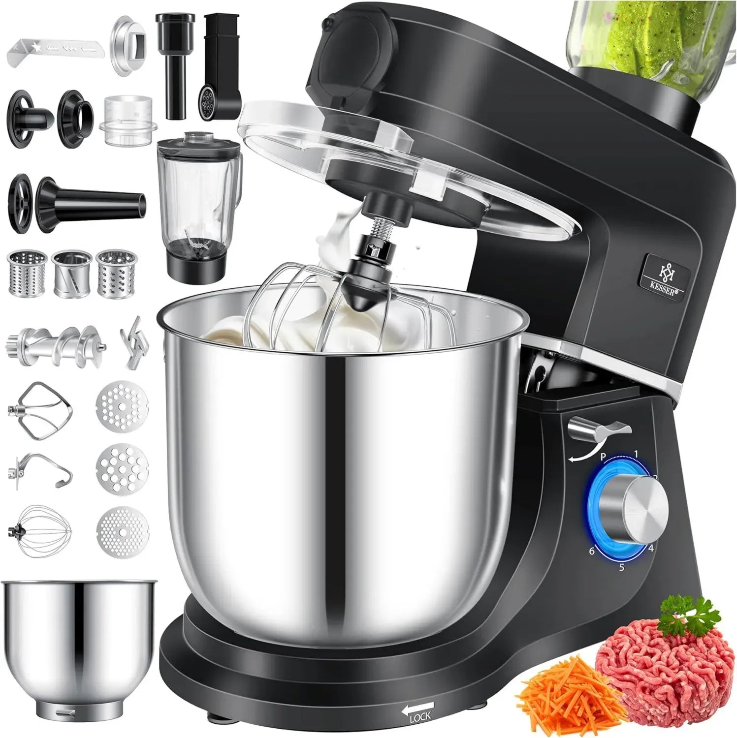 KESSER® Multifunktions-Küchenmaschine 3-in-1 mit Fleischwolf, Entsafter und Knetfunktion - 5,5L Schüssel, 3 Rührwerkzeuge
