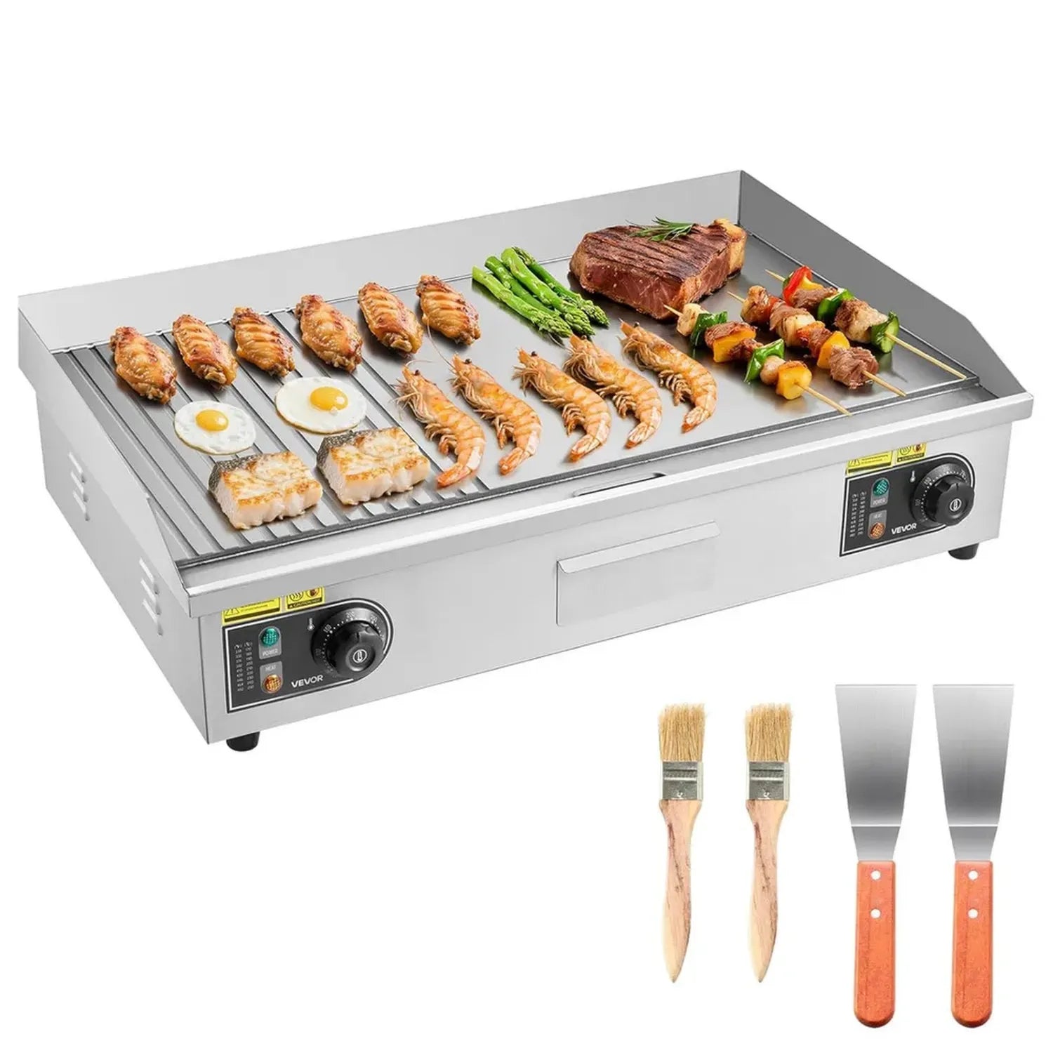 VEVOR Profi-Elektrogrill 4400 W, Grillfläche 725x400 mm, 50-300 °C, Halb Gerillt & Glatt, Inkl. Spatel und Bürsten
