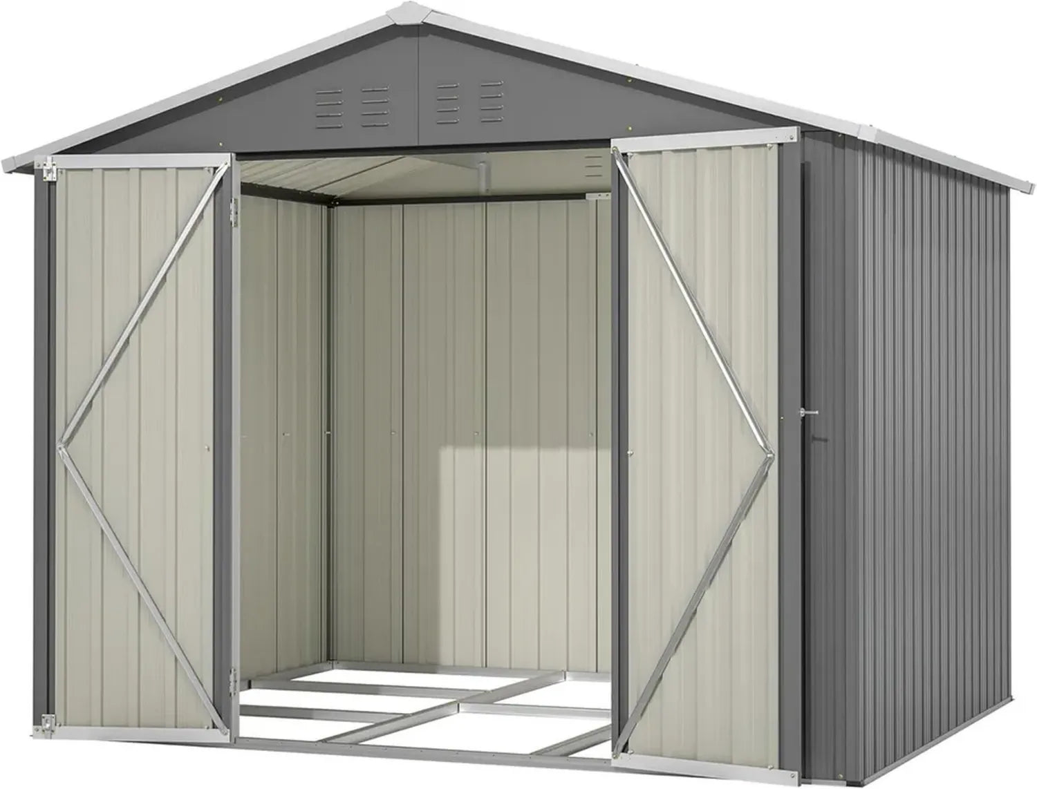 Grau Metall Gerätehaus mit Pultdach und Fundament, Großer Gartenschuppen ohne Boden