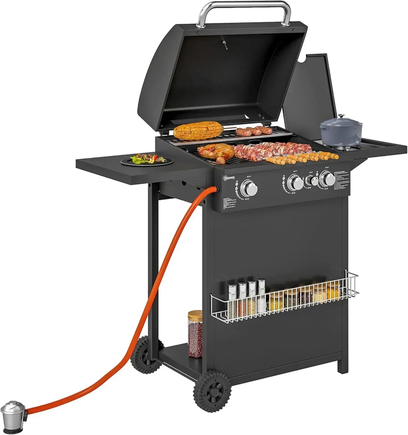 Outsunny Gasgrill 9,5 KW mit 4 Brennern und Seitenkocher, inkl. Druckminderer und Gasschlauch, BBQ Gartengrill mit Thermometer und Seitenablagen
