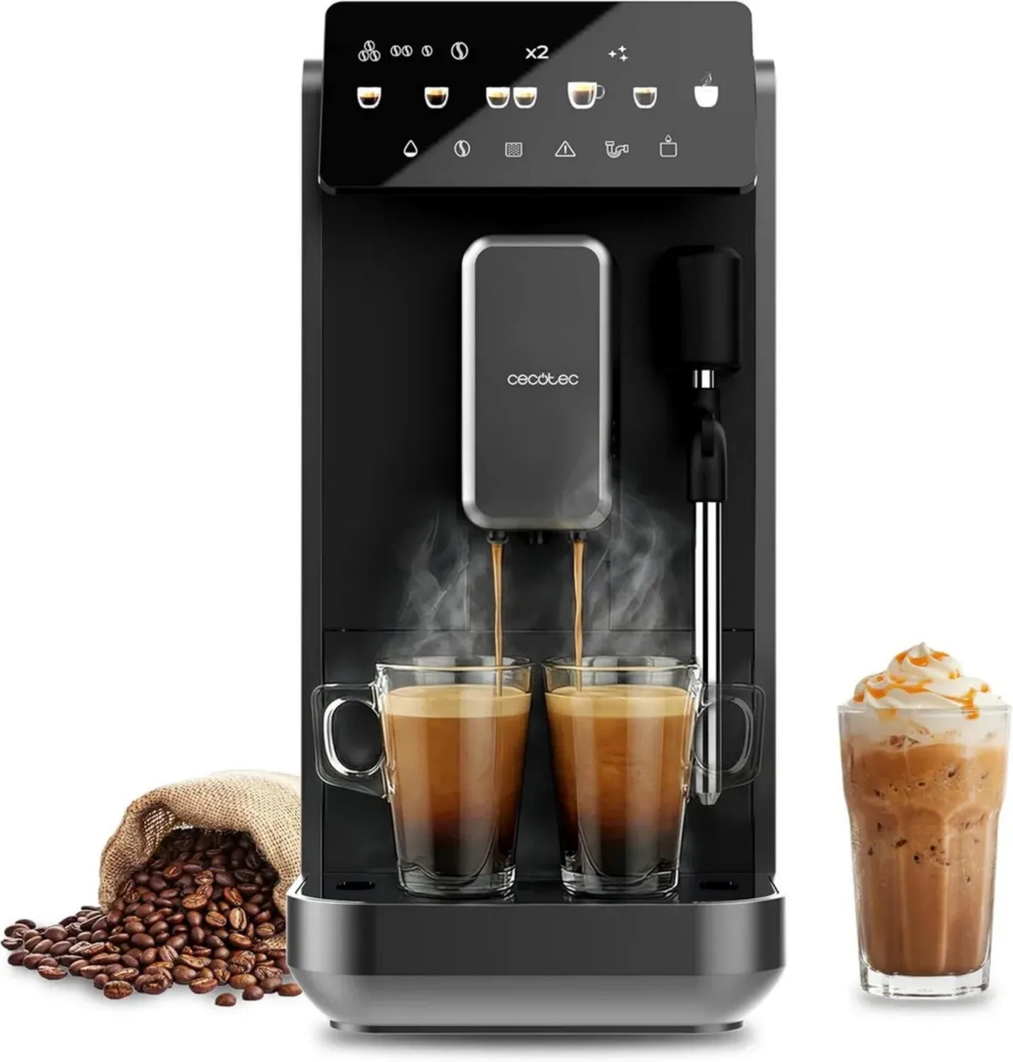 Cecotec Kaffeevollautomat mit Dampffunktion, 19 Bar Druck, Thermoblock-System, 5 Getränkespezialitäten, Touchscreen, 2L Wassertank, 280g Bohnenkapazität
