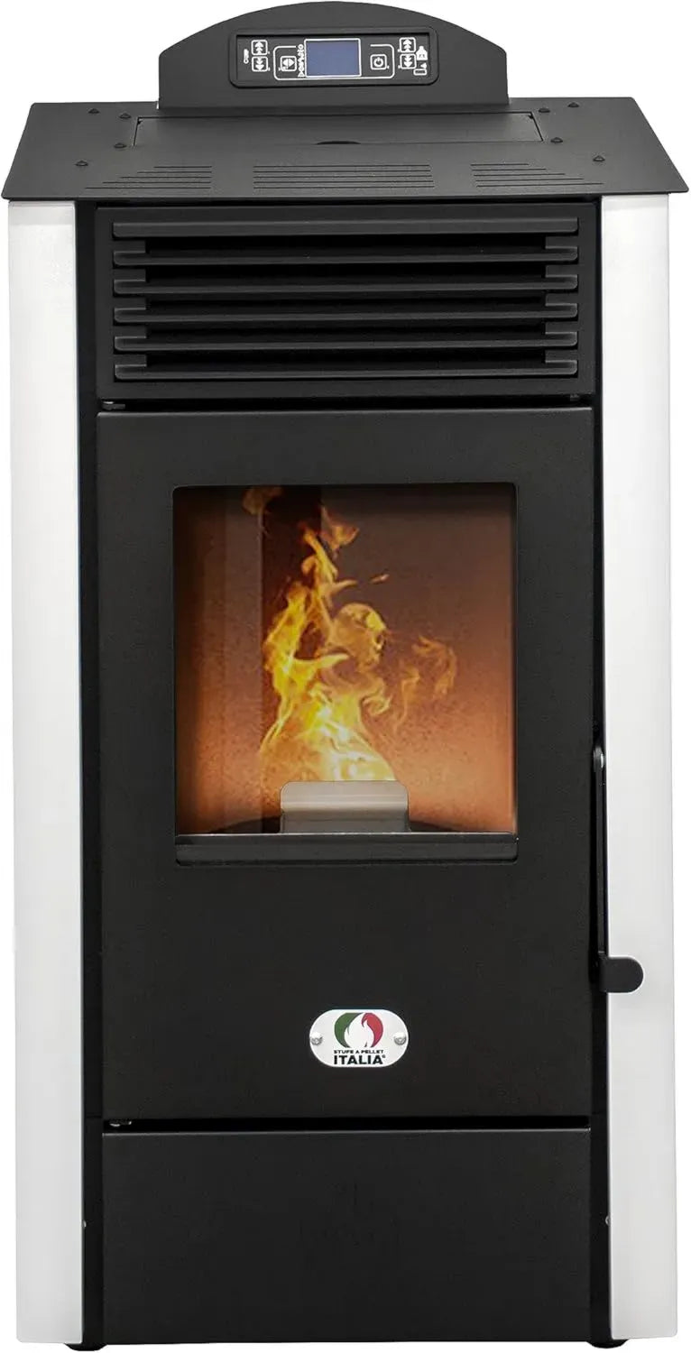Pelletkaminofen 8 kW, 91% Effizienz, beheizt 70m², 20 Std. Laufzeit, programmierbar, 5 Leistungsstufen, kompakt, 24 Monate Garantie, Weiß