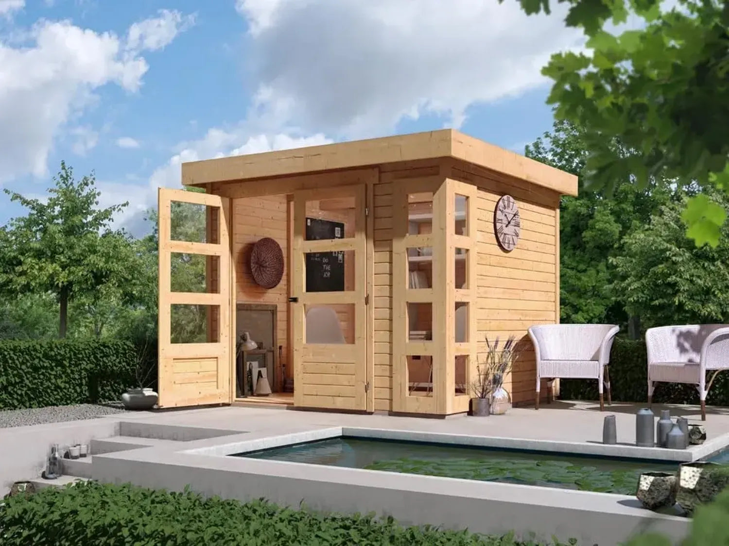 Karibu Gartenhaus aus Holz mit Doppeltür und Fenster, 19 mm Wandstärke, 5,26 m², Natur
