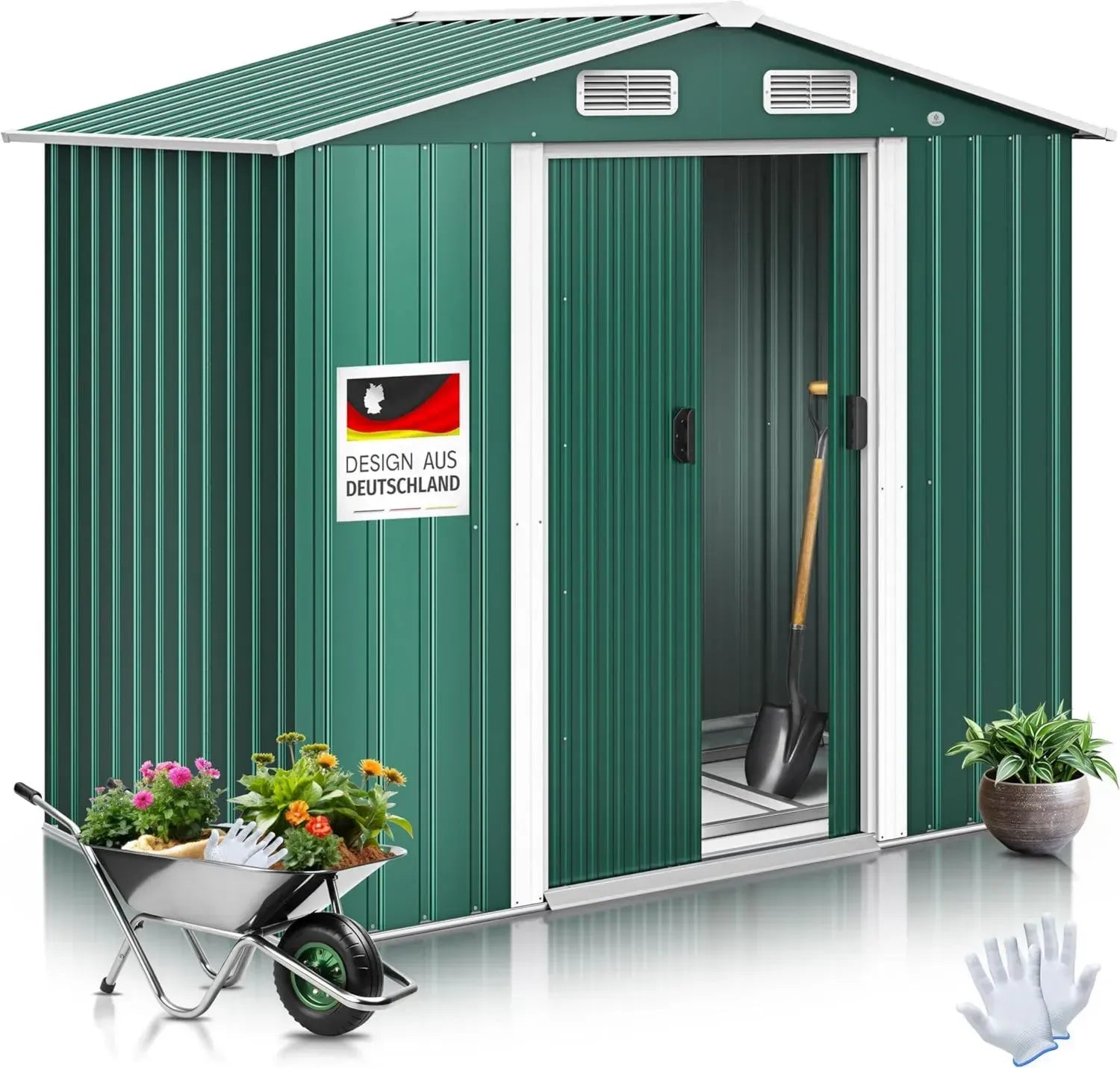 KESSER® XL Geräteschuppen aus Metall mit 4,2m³ Stauraum und Fundament, inkl. Handschuhe, 195x131x186cm, Schiebetüren, Satteldach, Grün