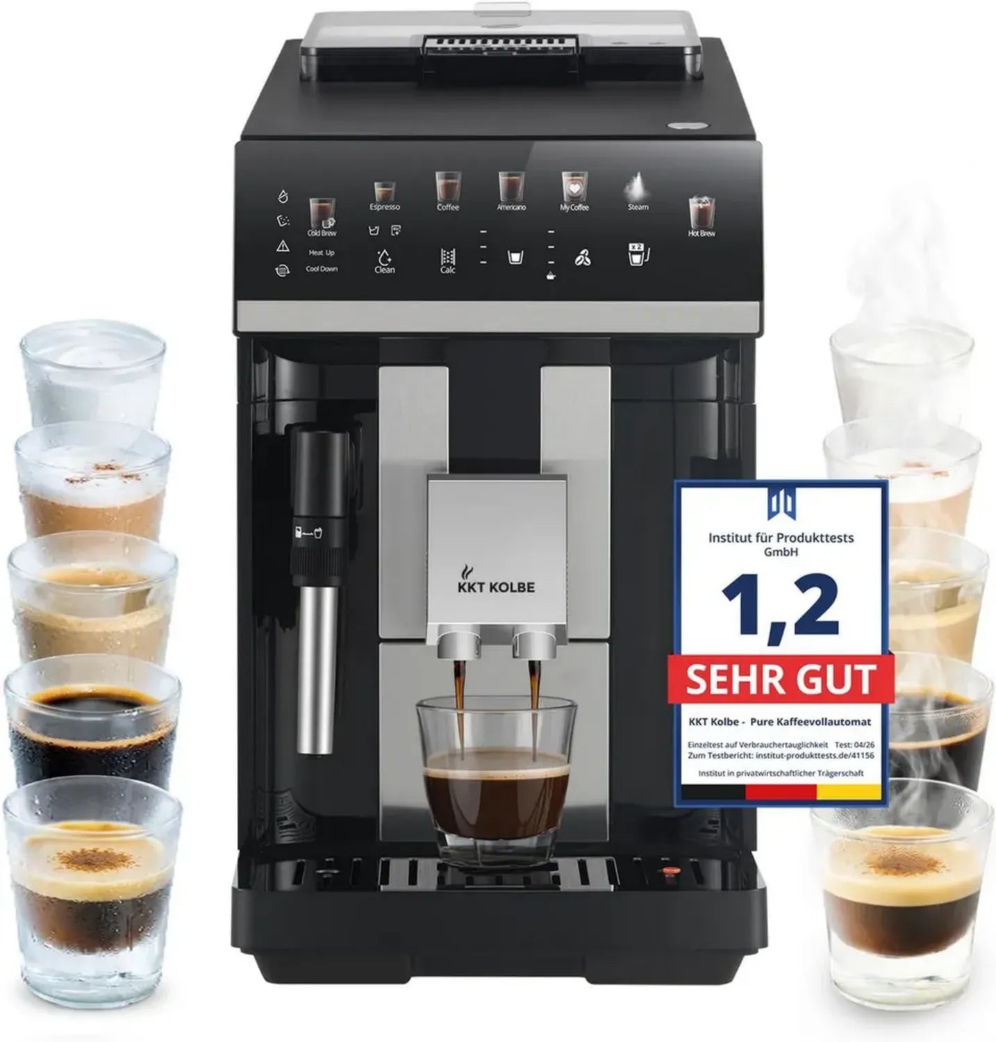 KKT KOLBE Kaffeevollautomat mit Milchschaumdüse, ColdBrew-Funktion, 2 Tassen Option, 15 Bar Druck, 7-stufige Mühle, Touchscreen, Auto-Reinigung, 4 Getränke, Schwarz Silber