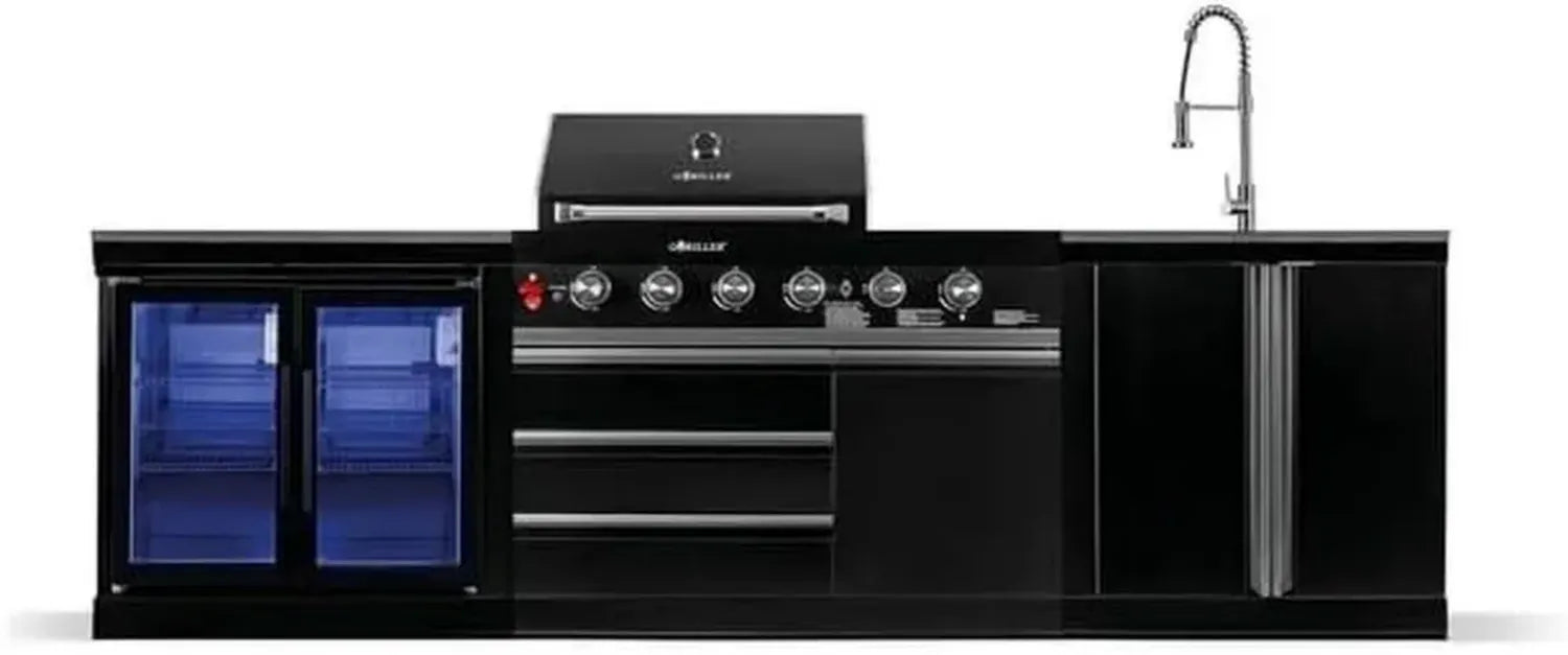 GORILLER® Outdoor-Küche M6 mit Gasgrill, Doppel-Kühlschrank und Spülbecken, Schwarz, Edelstahl