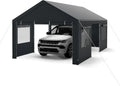 GYMAX Großraum Carport Zelt mit Türen & Fenstern, Wasserdichte PE-Plane, Wetterfeste Garage für PKW & SUV, 3.6 x 6 m, Dunkelgrau