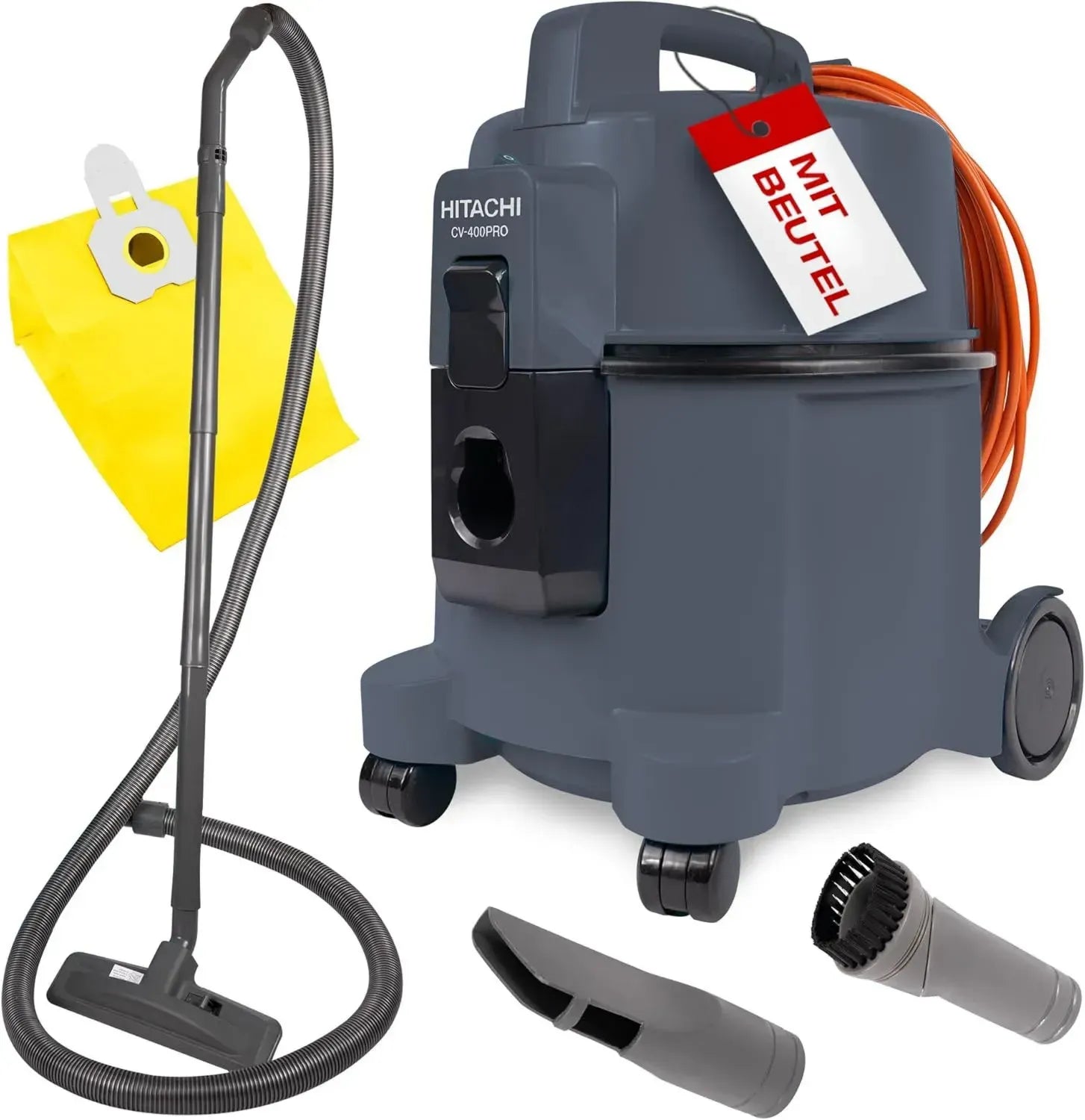 HITACHI Bodenstaubsauger CV-400P PRO 4,5L mit HEPA Filter, leise 880W, 13m Aktionsradius, für Haushalt und Industrie, mit Teppichdüse & Zubehör, beutellos möglich, 74 dB (Grau)