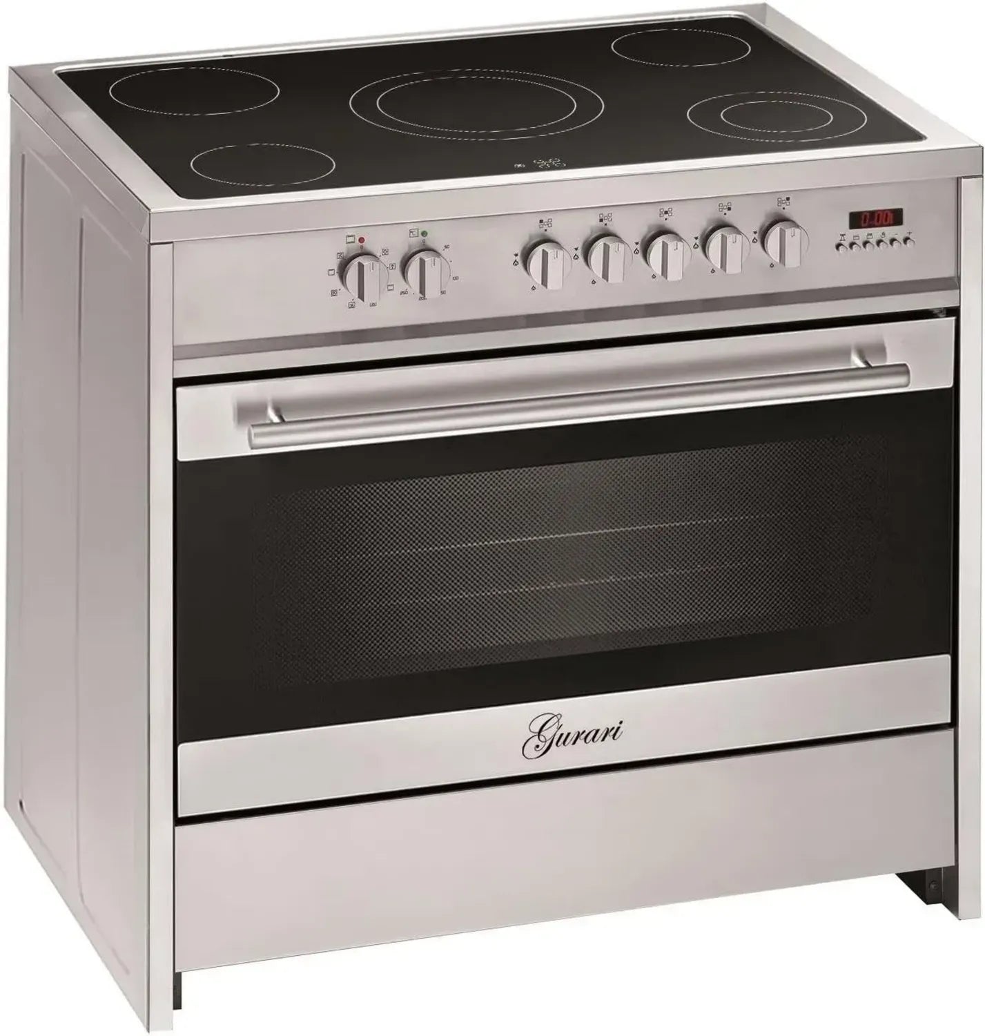 Freistehender Elektroherd mit Glaskeramik, 90 cm, 121 L, Heißluft, Grill, 5 Kochzonen, Edelstahl-Design