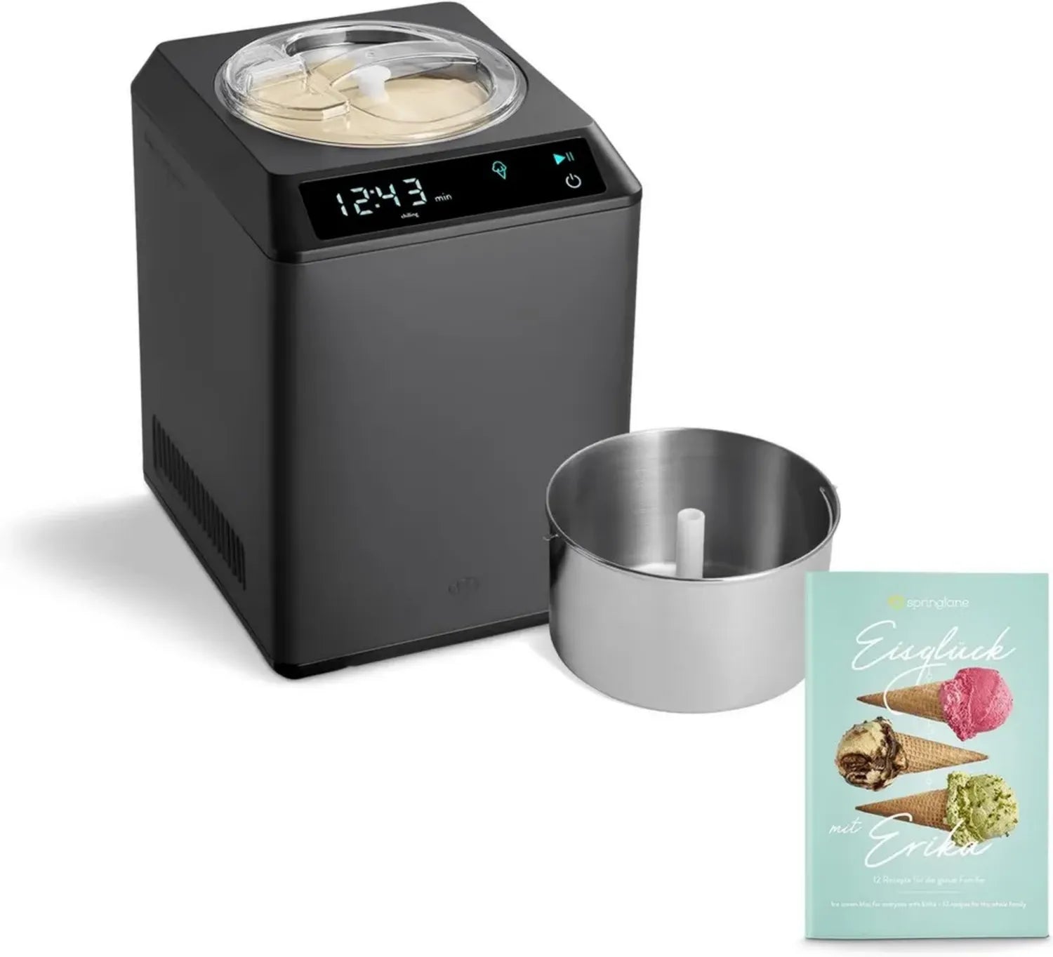SPRINGLANE 2,5 L Eismaschine und Joghurtbereiter mit Kompressor, Edelstahl, 250 W, inklusive Rezeptbuch und zusätzlichem Behälter