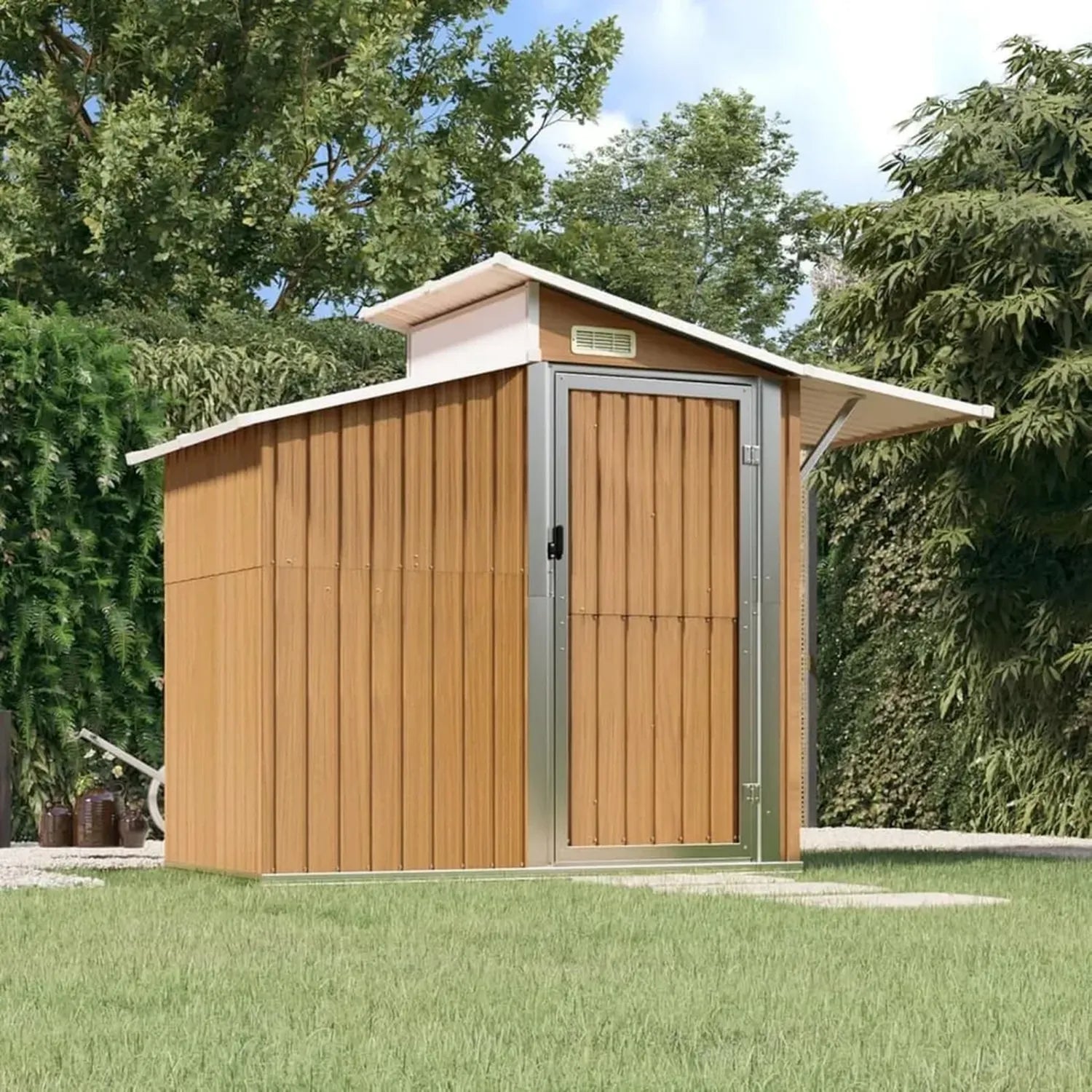 LAPOOH Metallgerätehaus 270x130x208,5 cm, braun, für Garten und Fahrradaufbewahrung