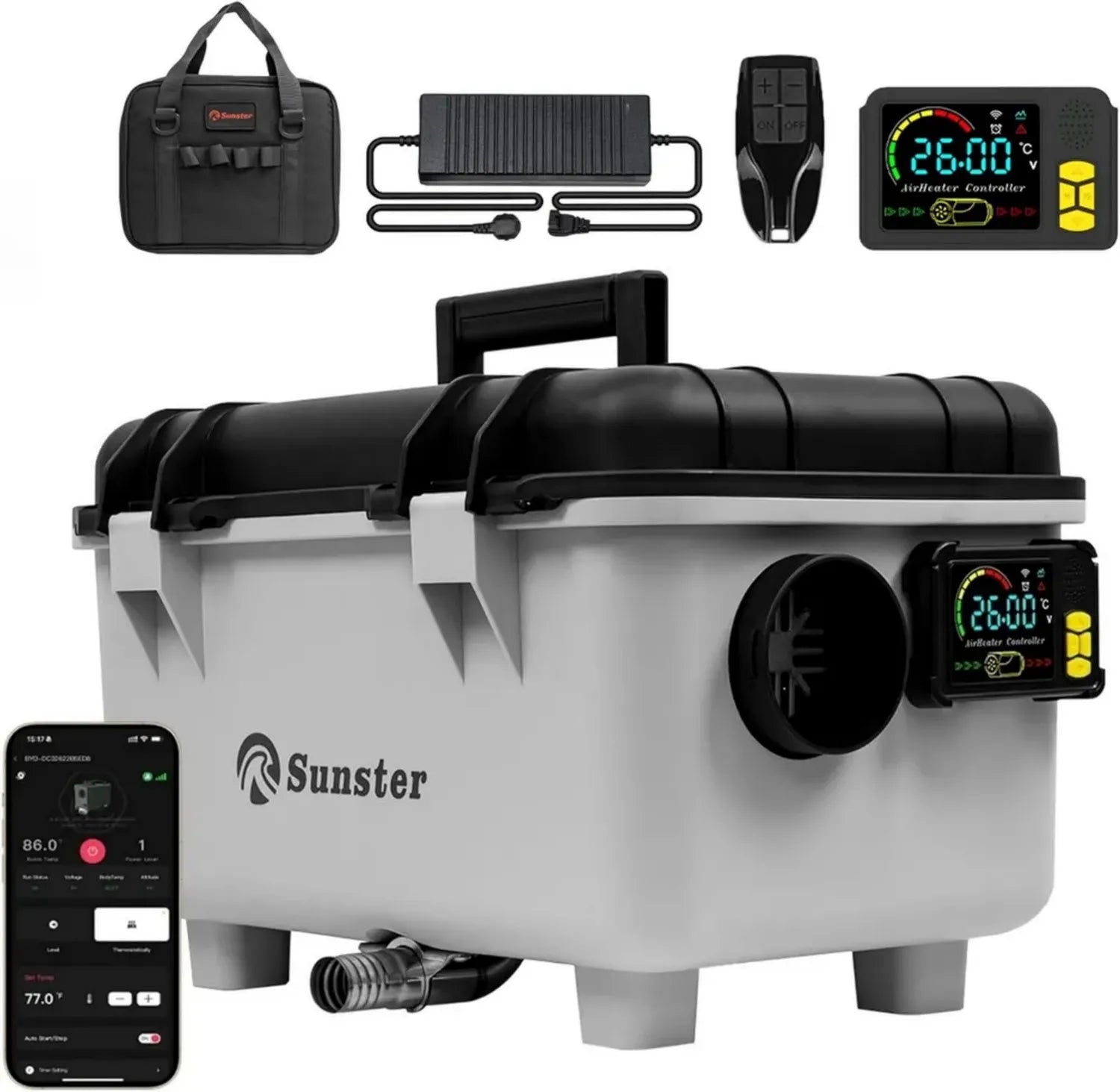 Sunster Tragbare 8KW Dieselheizung mit APP, 230V/12V/24V, Automatische Start-Stopp-Funktion, Schnelle Wärme für LKW, Wohnmobile, Boote und Zelte