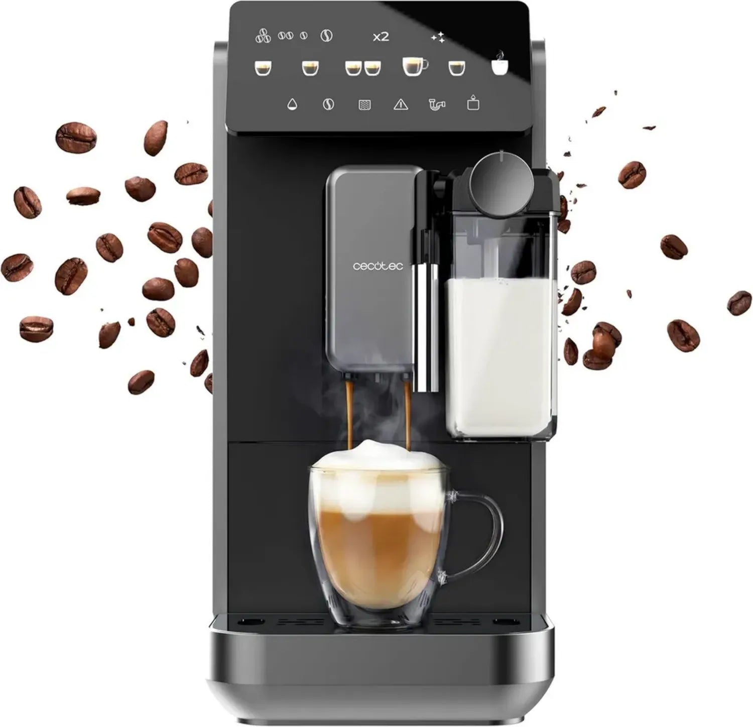 Cecotec Kaffeevollautomat mit Milchsystem, 2230W Leistung, 19 Bar Druck, 7 Getränkeoptionen, Touchscreen und präzises Mahlen, 2L Wassertank