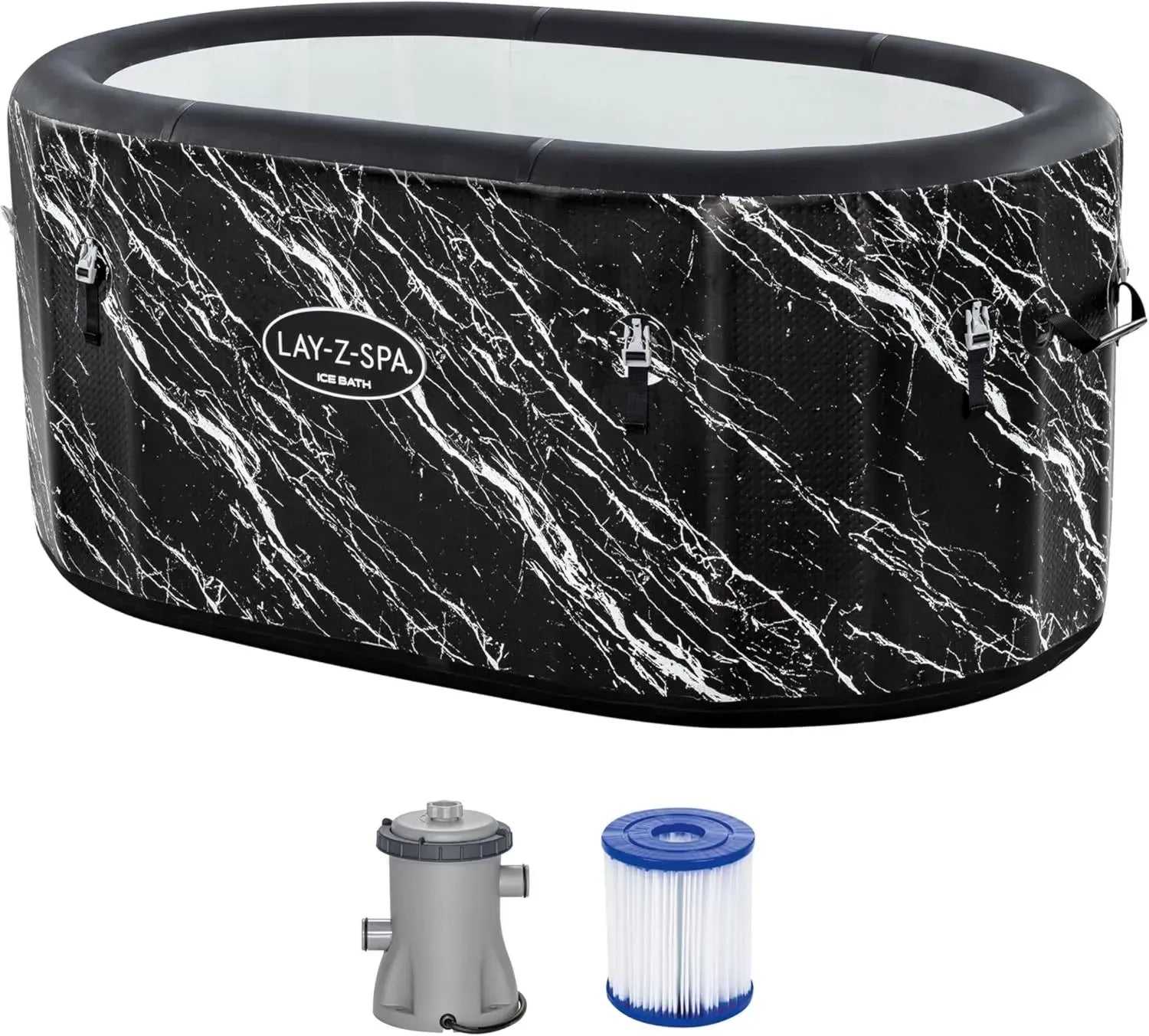 Bestway Lay-Z-SPA FortiFiber Kaltwasserbad, 152 x 92 x 71 cm, 420 Liter, Isolierabdeckung, Filterpumpe, Wetterfest, Marmor-Design, DEKRA-geprüft, mit Handpumpe & Tragetasche