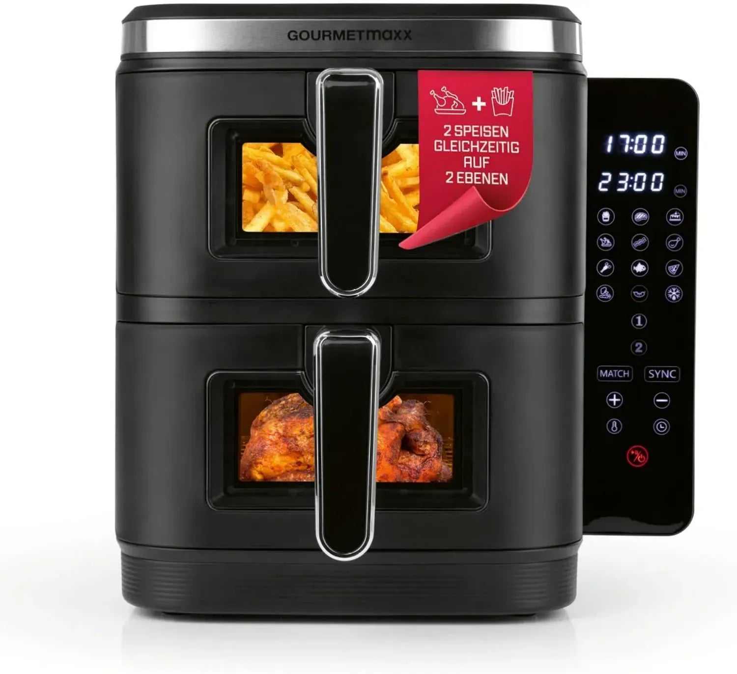 GOURMETmaxx Doppelkammers Heißluftfritteuse XXL mit Sichtfenstern & Touchdisplay - 10L Kapazität