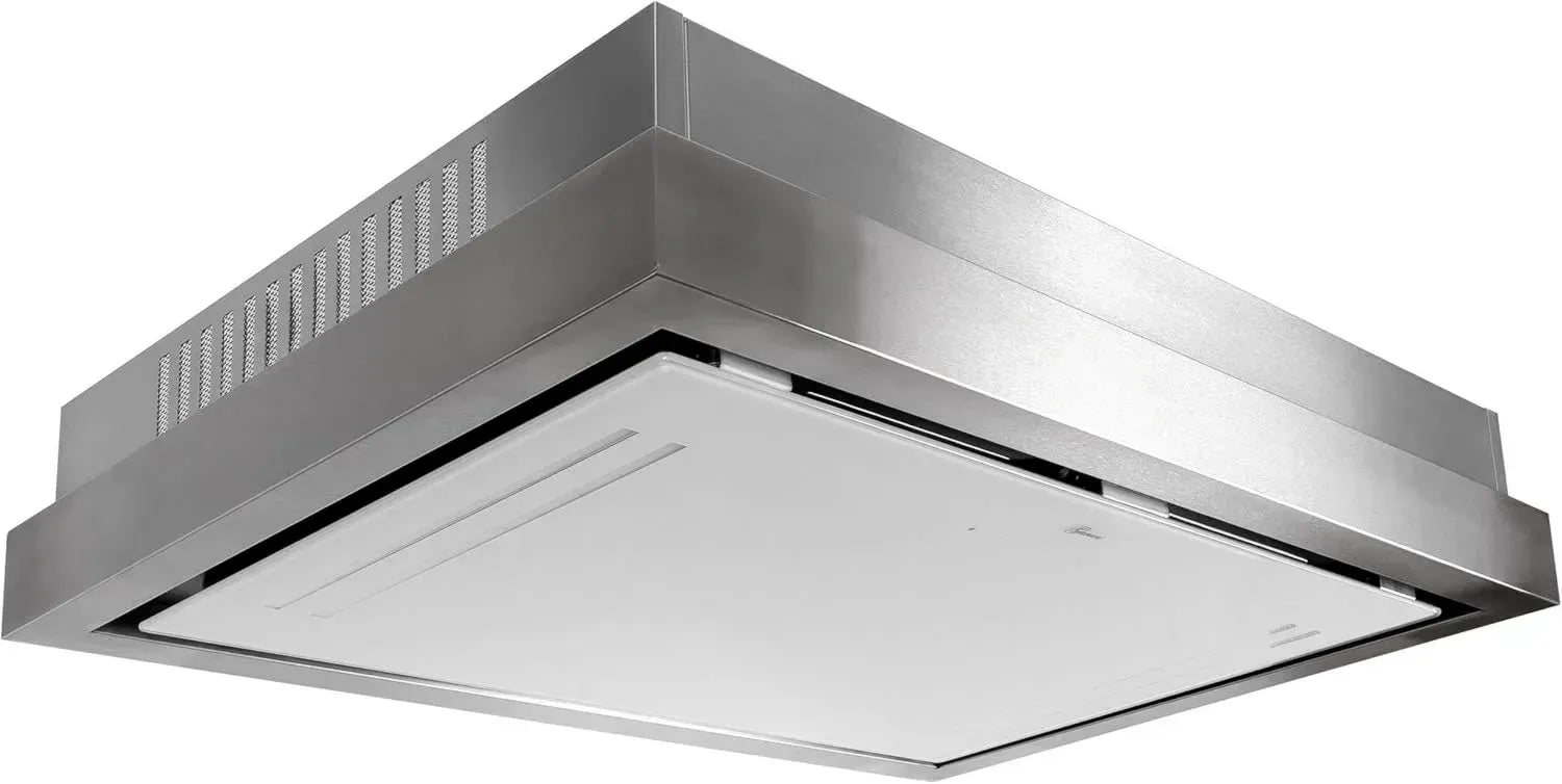 Eingebaute Deckenhaube 90 cm in Weißglas/Edelstahl mit Ionisierung und 1000 m³/h Leistung