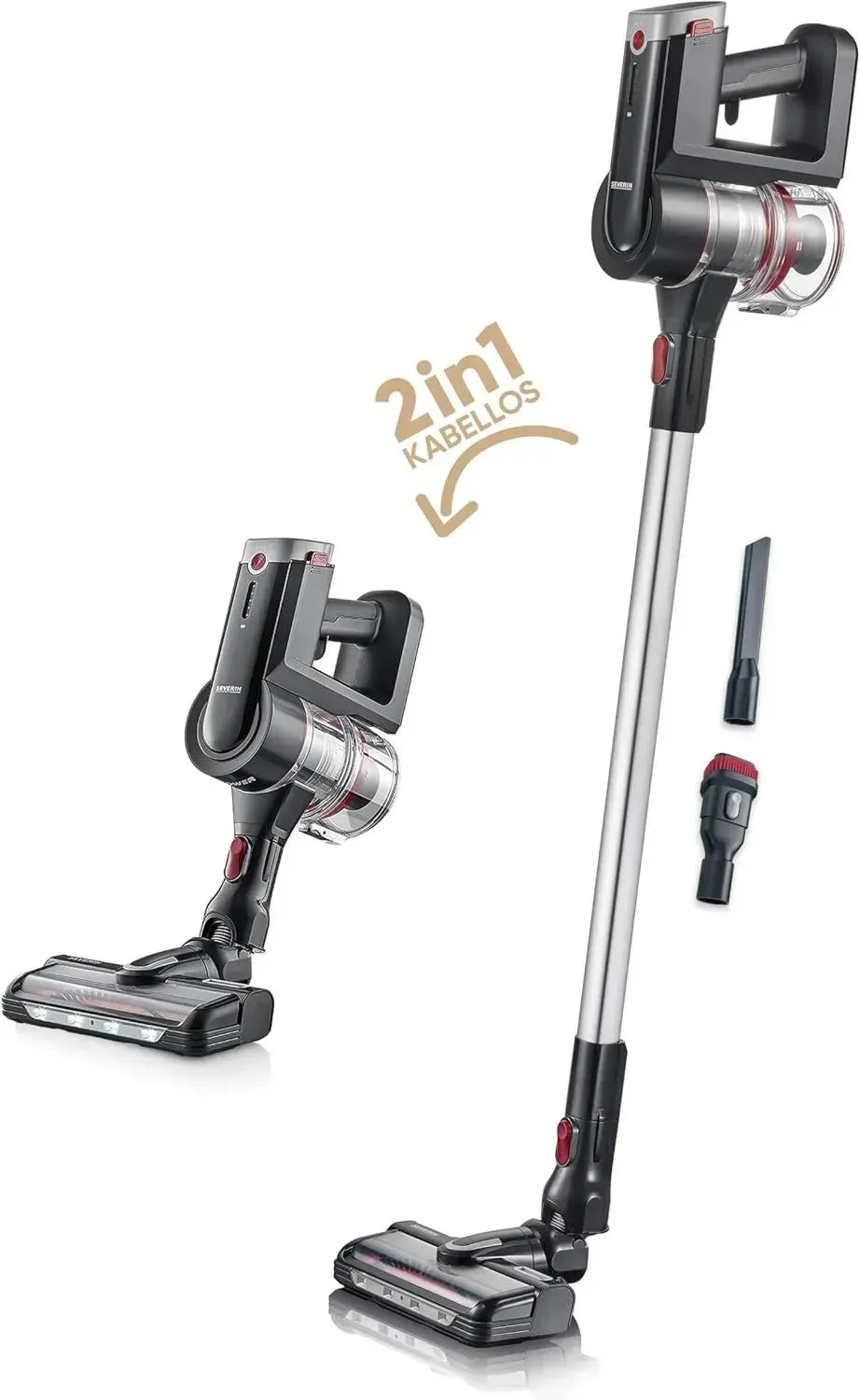 SEVERIN Kabelloser 2-in-1 Akku-Staubsauger mit wechselbarem Akku, 60-Minuten-Laufzeit, Schwarz/Rot