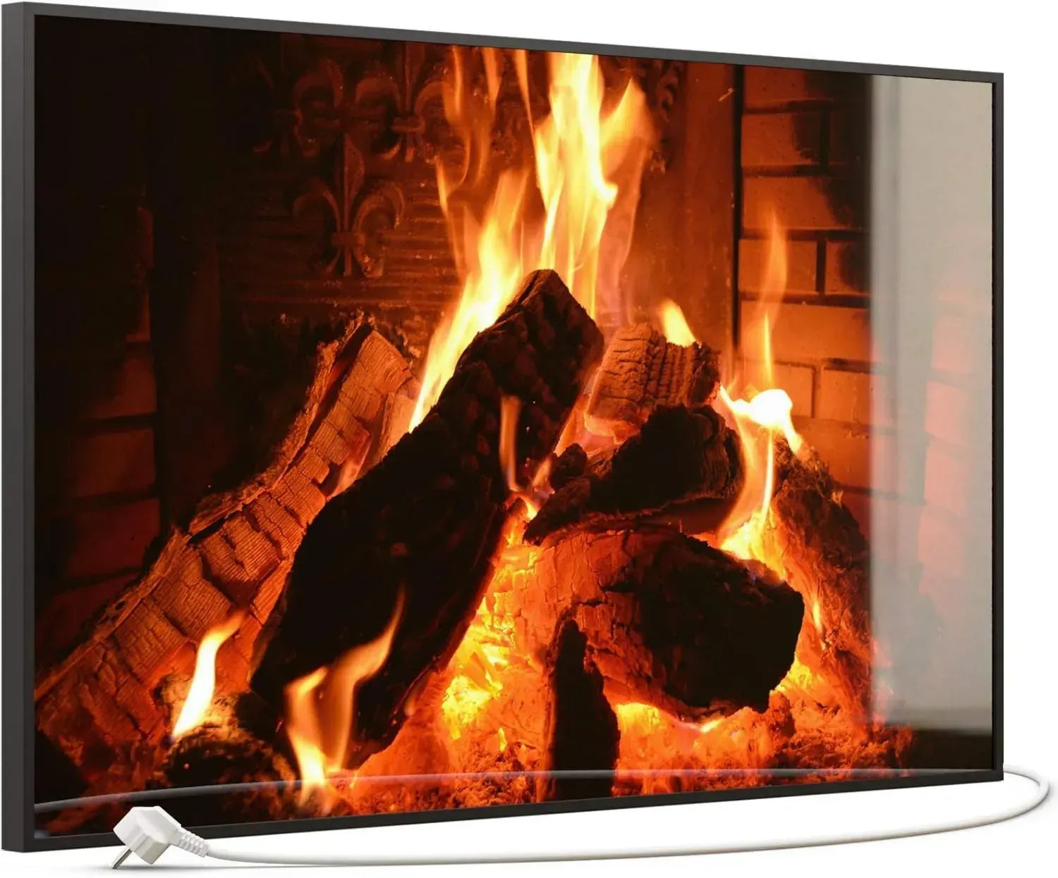 Infrarotheizung Glasbild mit Thermostat, Motiv Kaminfeuer, 600 Watt, schwarzer Rahmen