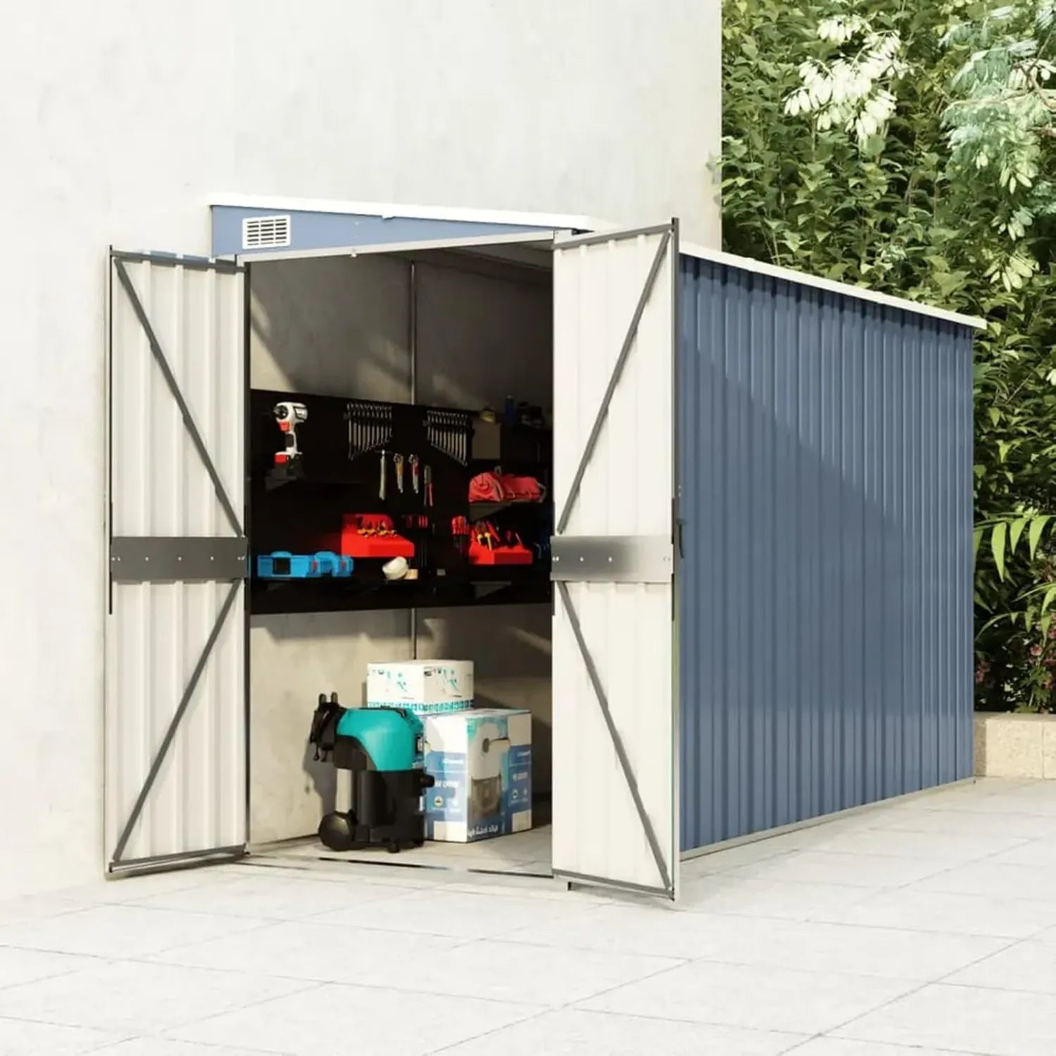 Metall-Gerätehaus mit Schlossfunktion, Grau, 118x288x178 cm, Verzinkter Stahl