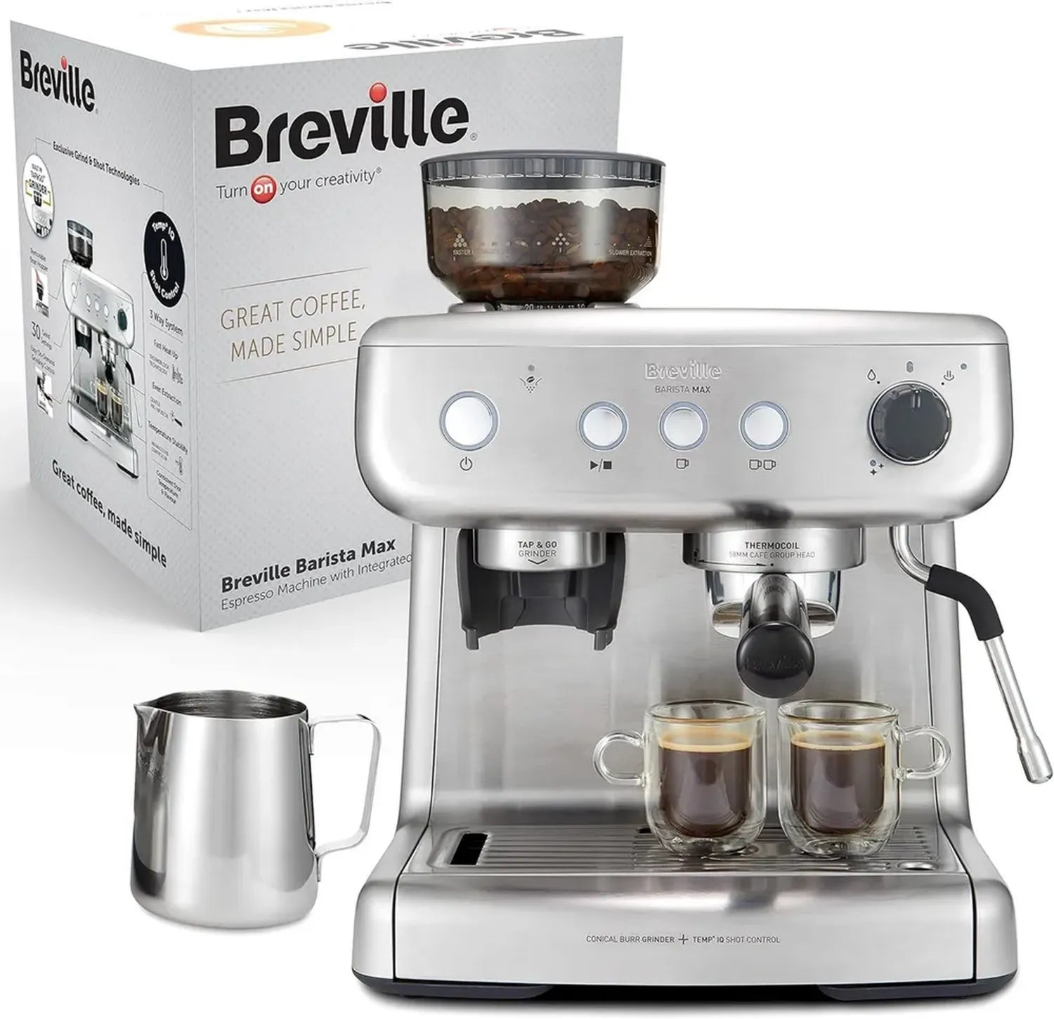 Breville Barista Max Espressomaschine mit Mahlwerk und Milchaufschäumer, 2,8 l, 15 Bar